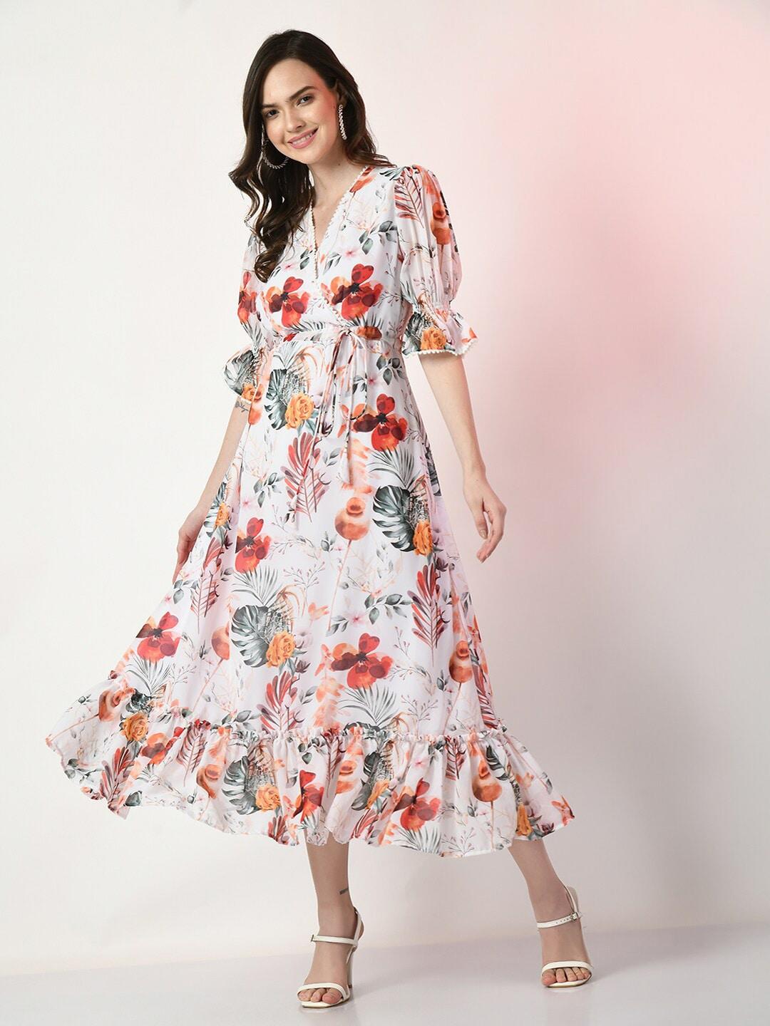 Sangria Floral Printed Puff Sleeves Fit & Flare Dress