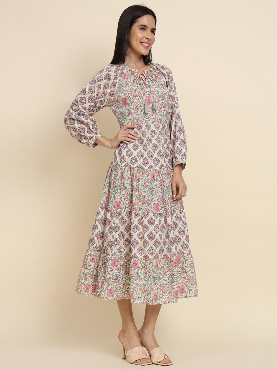 here&now-floral-print-flared-sleeve-cotton-a-line-midi-dress