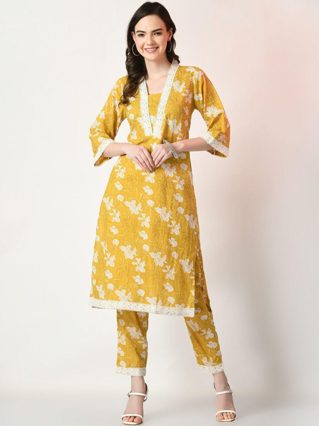 Sangria Floral Printed Pure Cotton Straight Kurta With Trouser Set