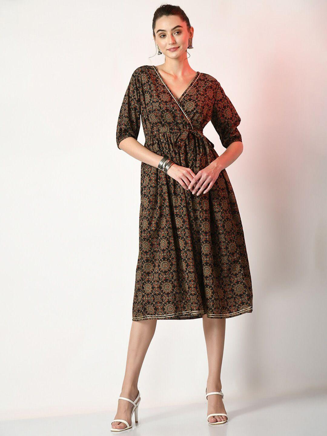 sangria-black-ethnic-motifs-printed-cotton-fit-&-flare-dress