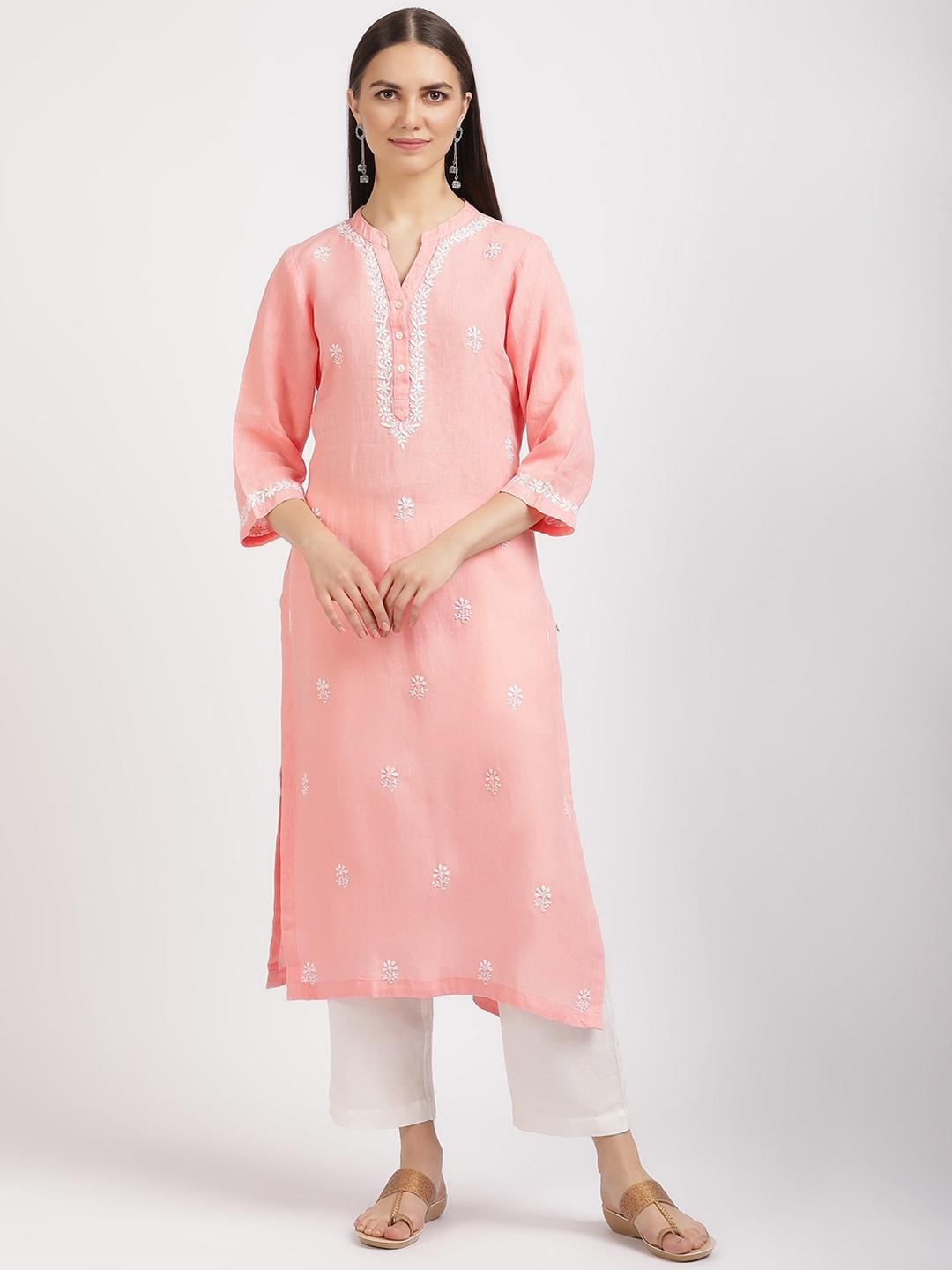 Linen Club Woman Floral Embroidered Mandarin Collar Chikankari Straight Kurta