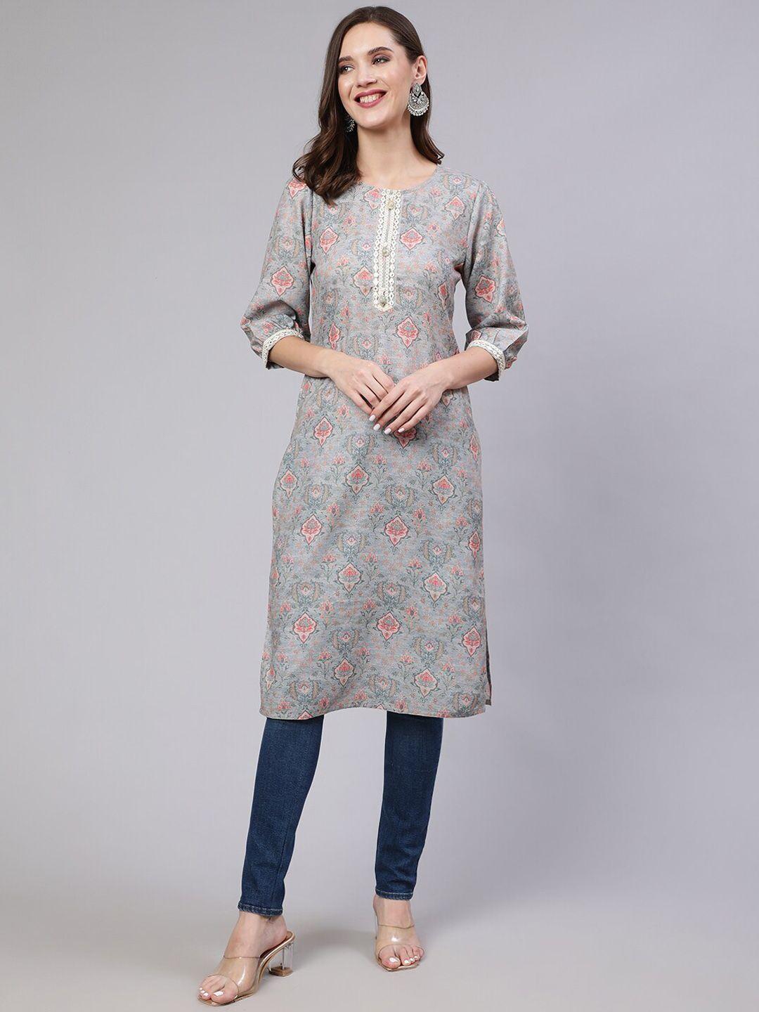 jaipur-kurti-floral-printed-puff-sleeves-mirror-work-kurta