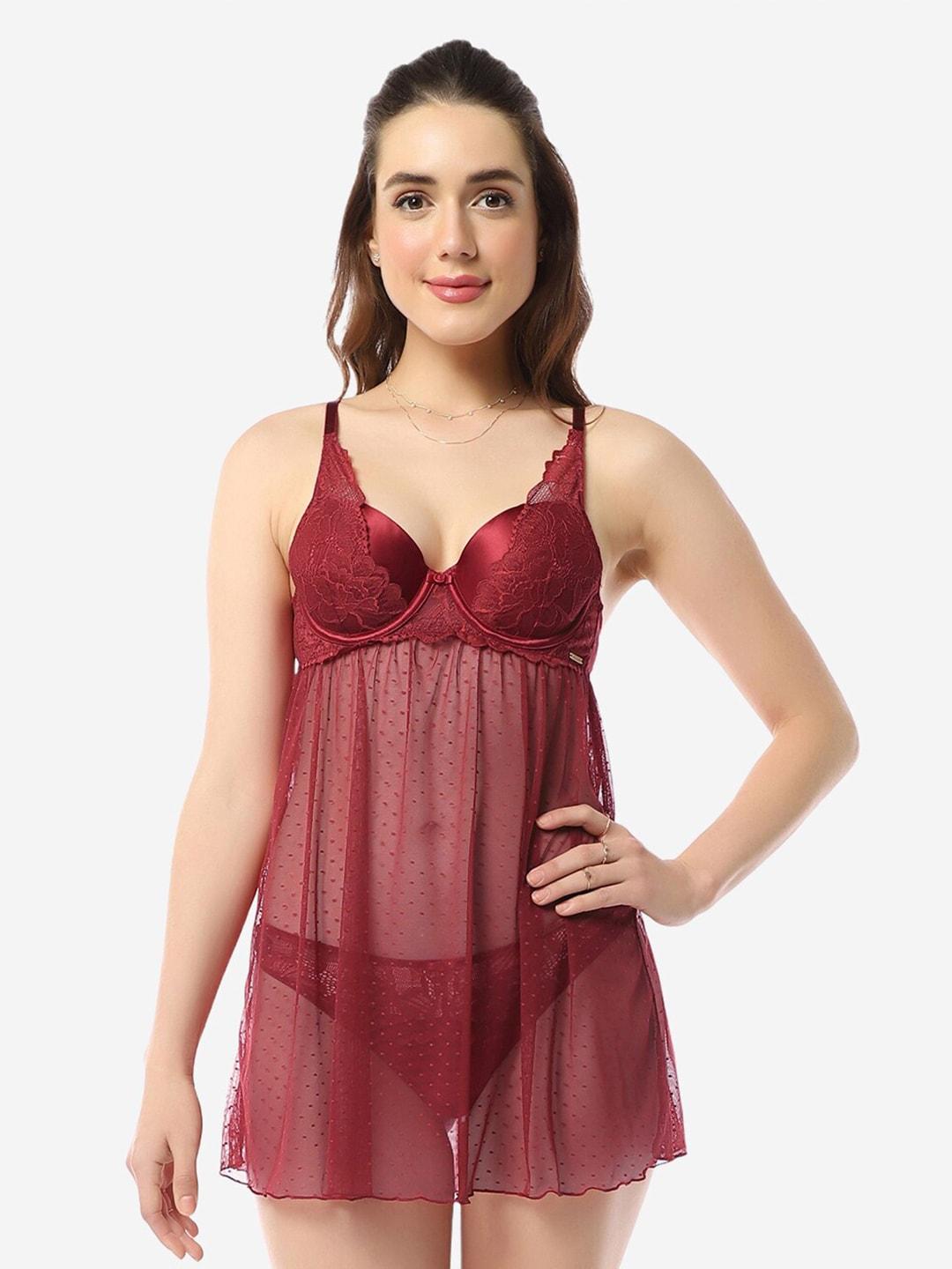 Amante Self Design Lace Padded Shoulder Straps Baby Doll