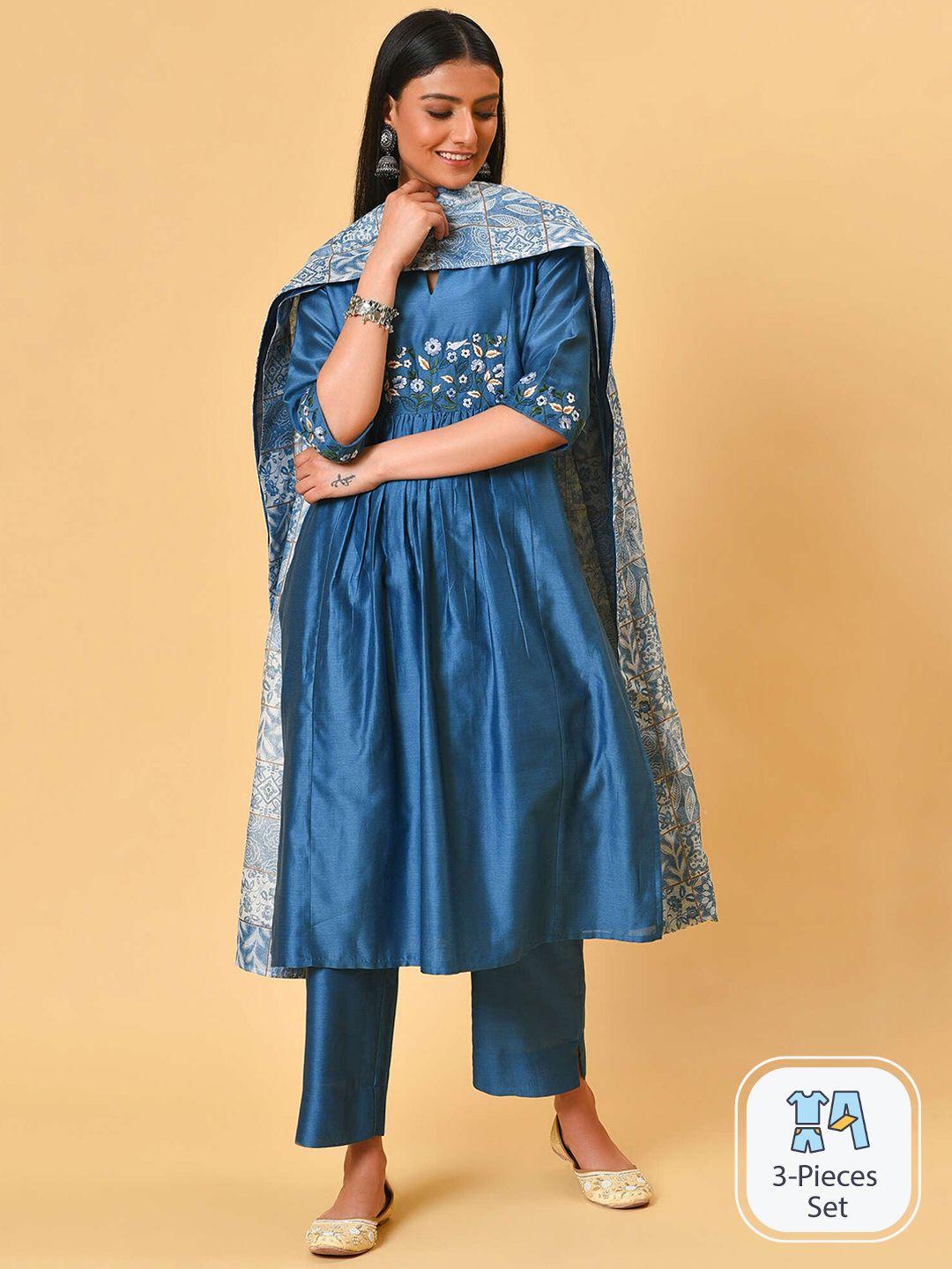 NUHH Floral Embroidered Pleated Kurta With Trousers & Dupatta