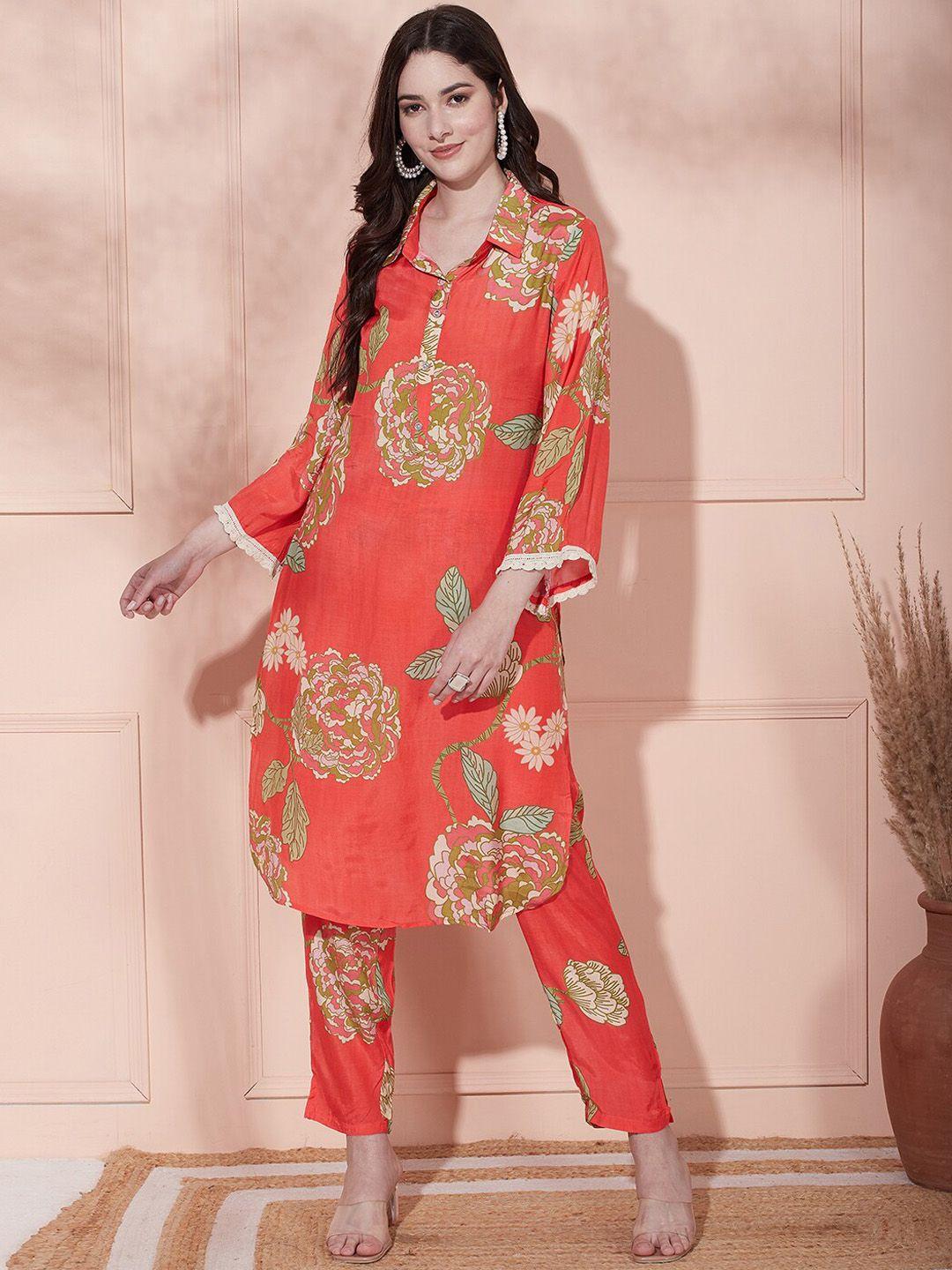 FASHOR Floral Printed Straight Shirt Collar Kurta With Trousers