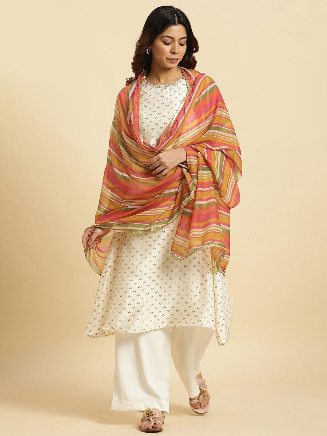 W White & Yellow Striped Sequined Dupatta
