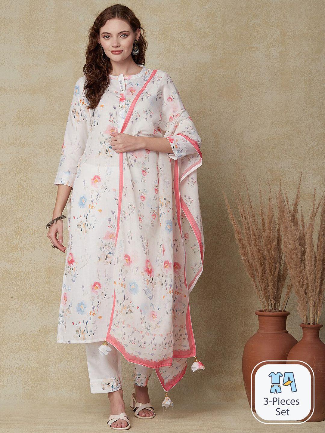 FASHOR Floral Printed Linen Kurta with Trousers & With Dupatta