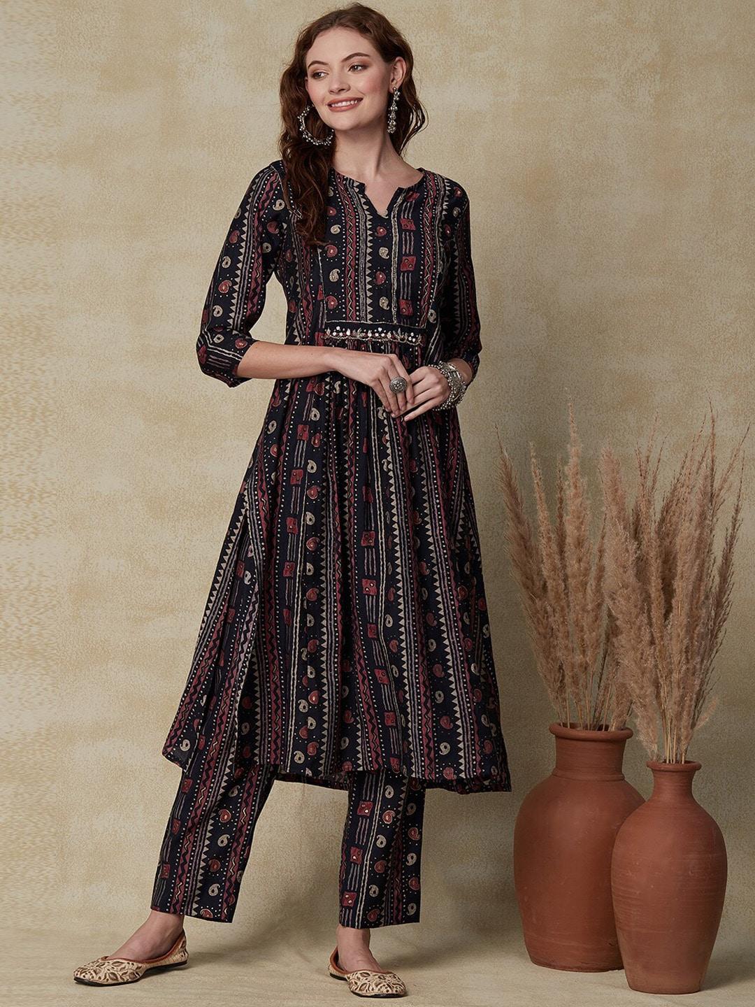 FASHOR Ethnic Motifs Printed A Line Kurta With Trousers