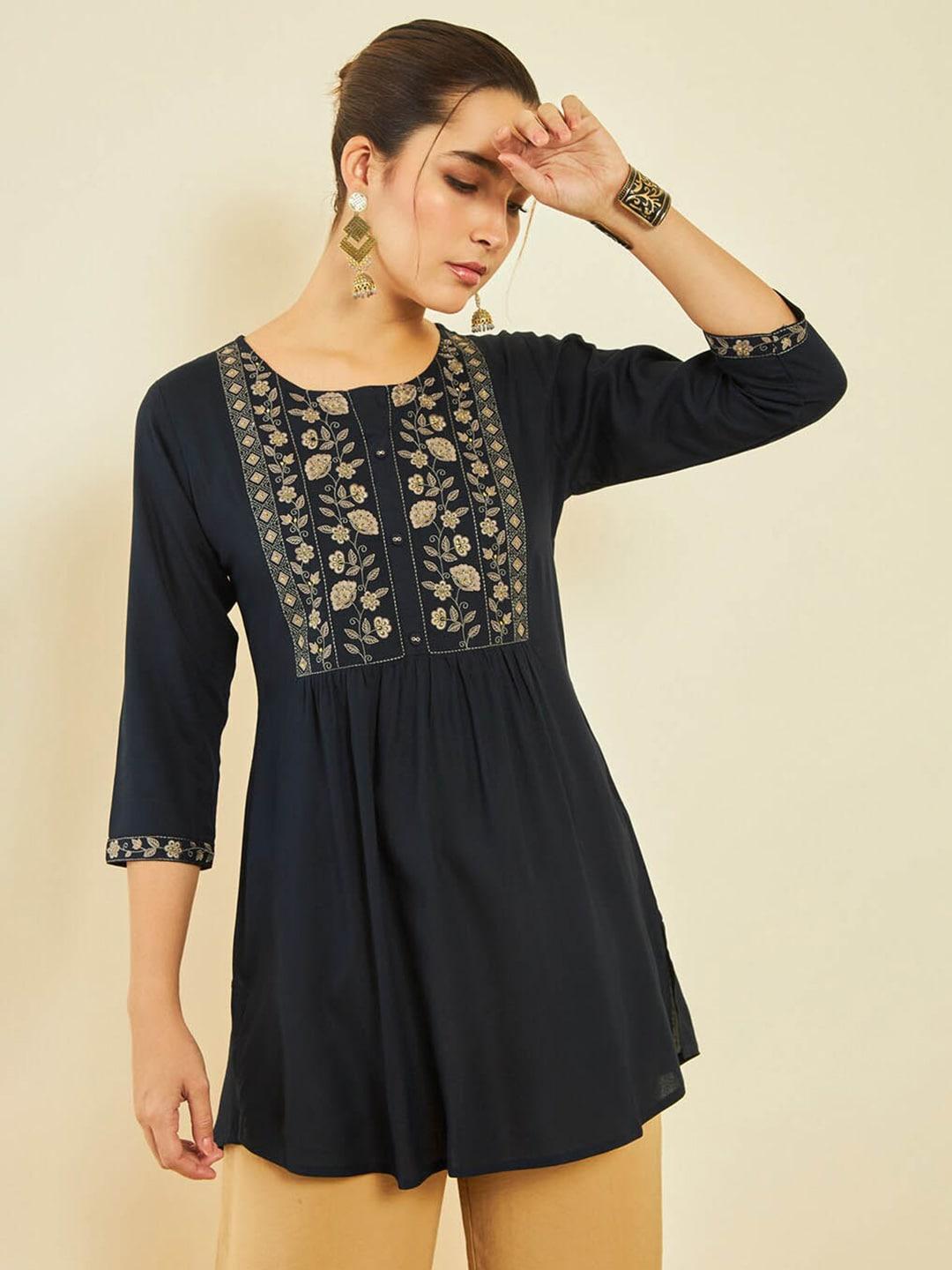 Soch Floral Print Round Neck Three-Quarter Sleeves Pleated Tunic