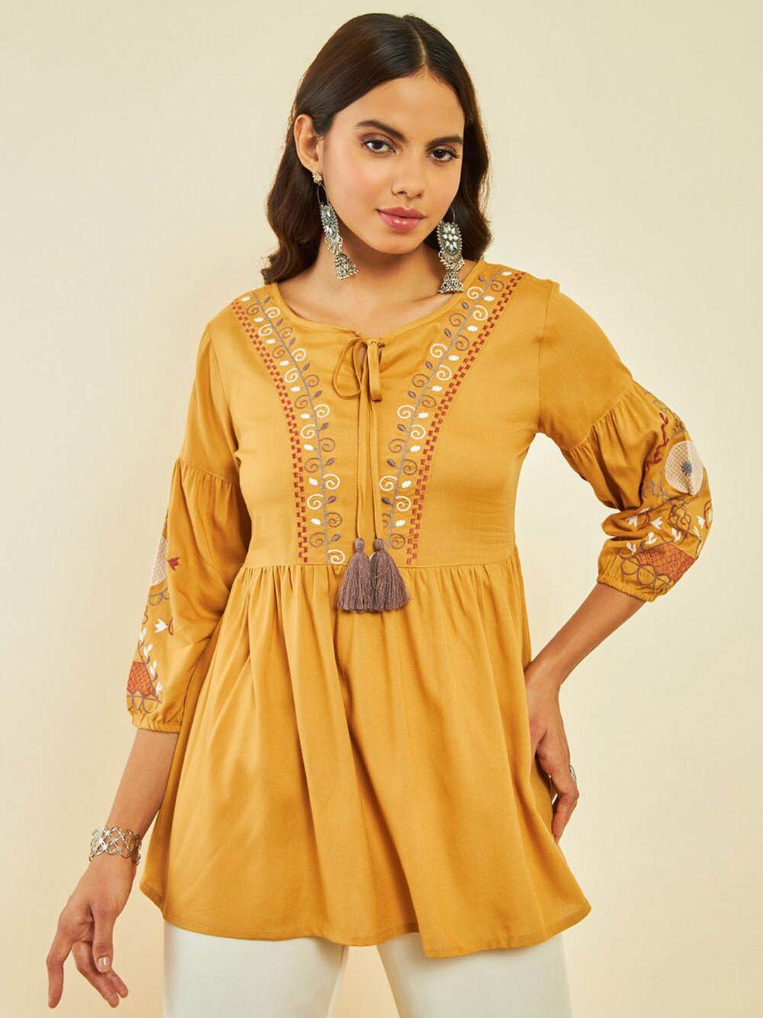 soch-embroidered-tie-up-neck-cuff-sleeve-pleated-tunic