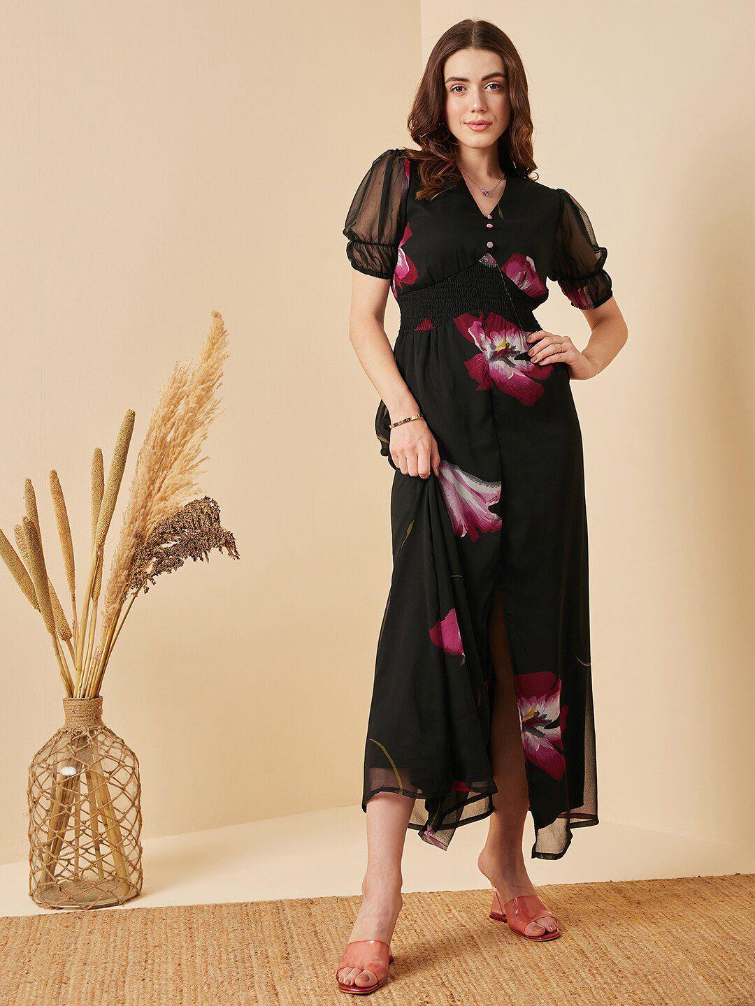 Carlton London Floral Printed V-Neck Puff Sleeve Smocked Georgette Empire Dress