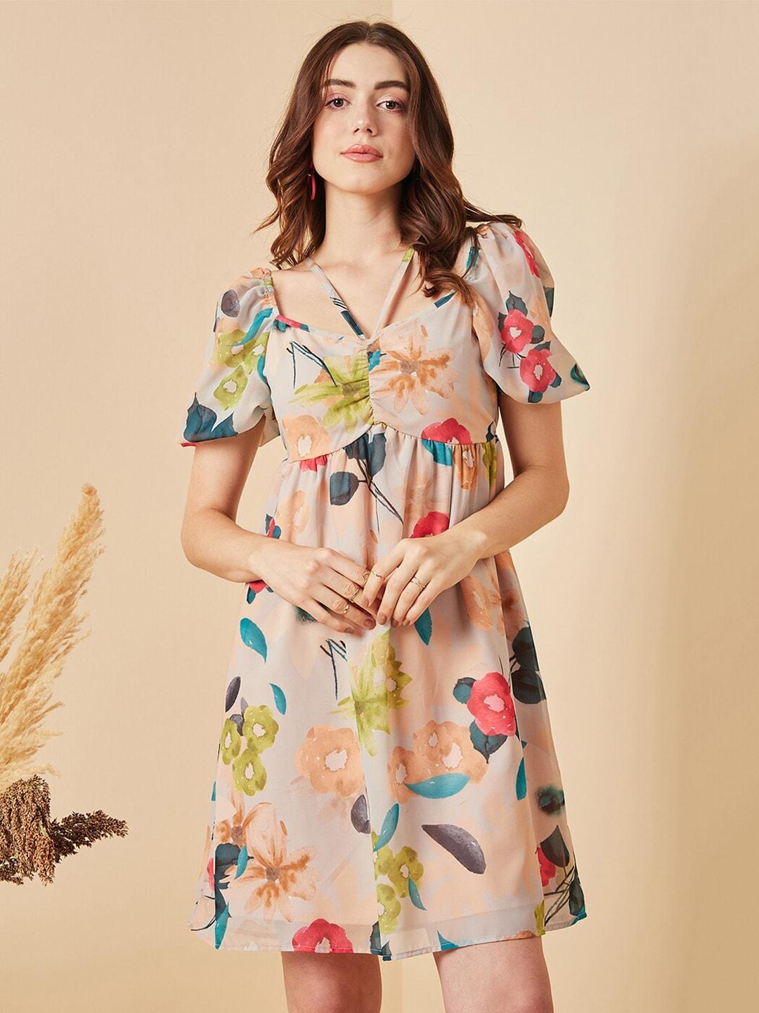 Carlton London Floral Printed V-Neck Puff Sleeves Fit & Flare Dress