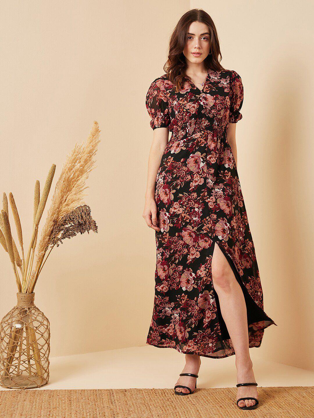 Carlton London Floral Print Puff Sleeve Smocked Maxi Dress