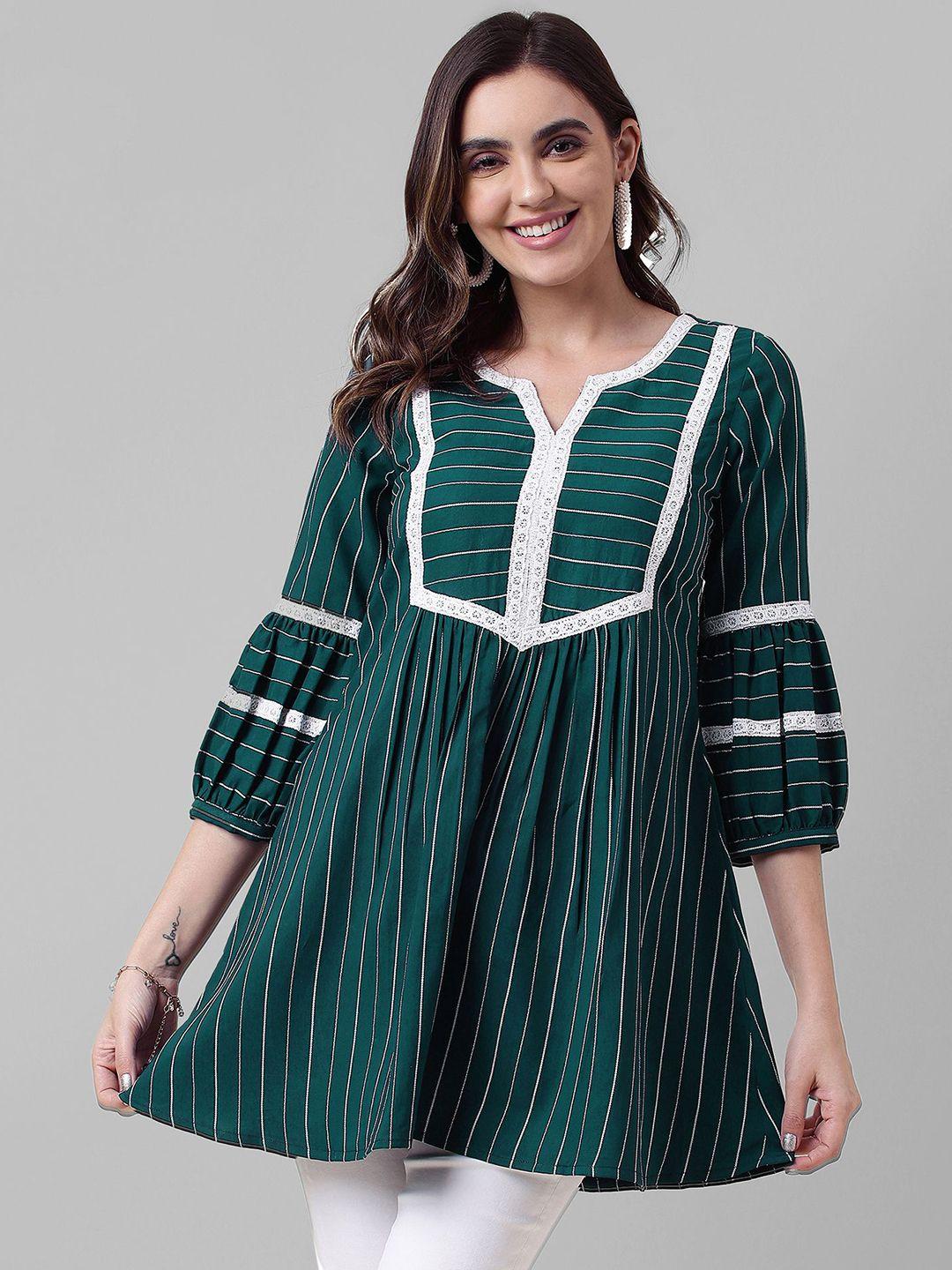 Selvia Striped Puffed Sleeves Lace Up A-Line Top