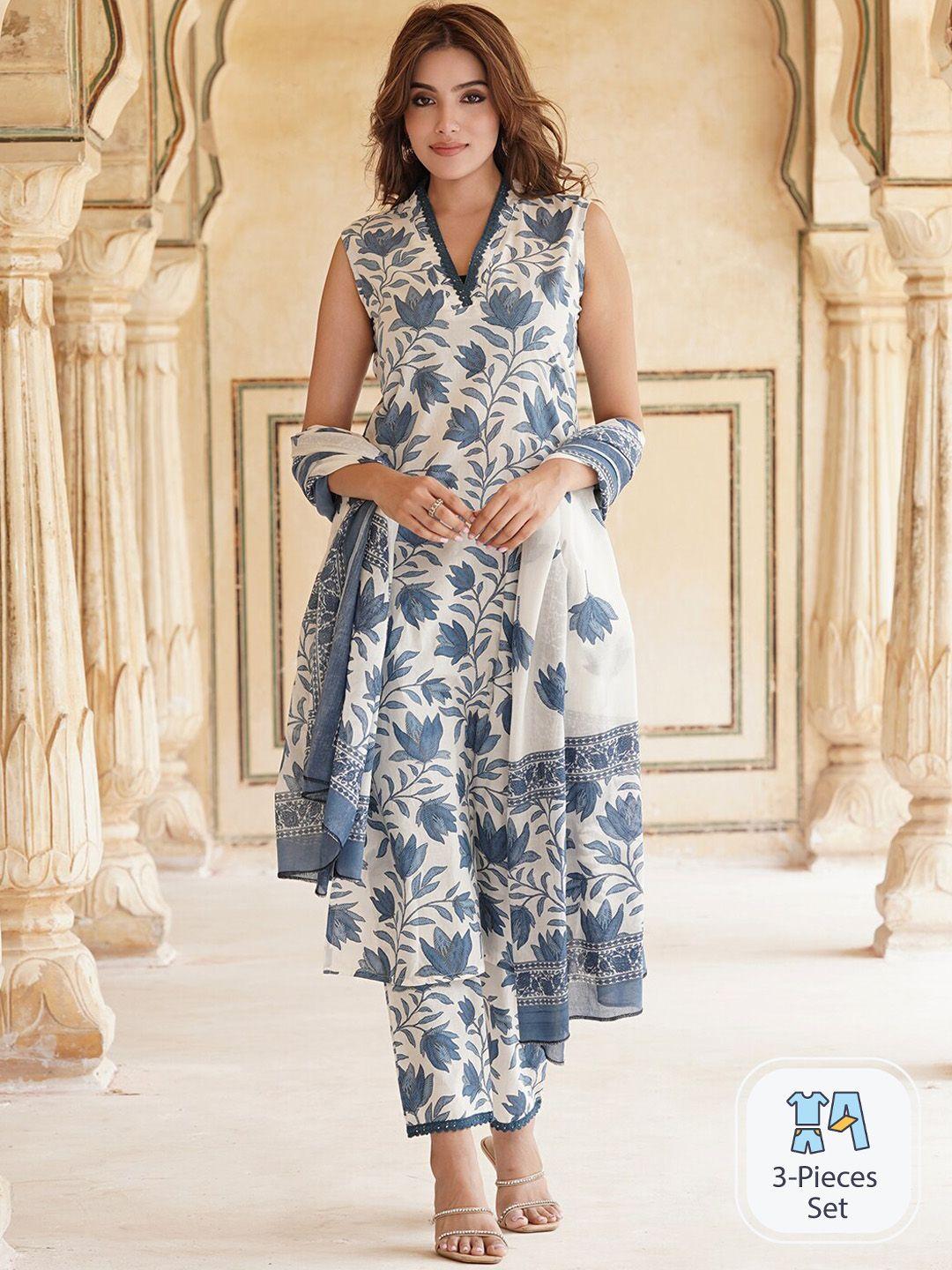 kalini-floral-printed-v-neck-pure-cotton-straight-kurta-&-trousers-with-dupatta
