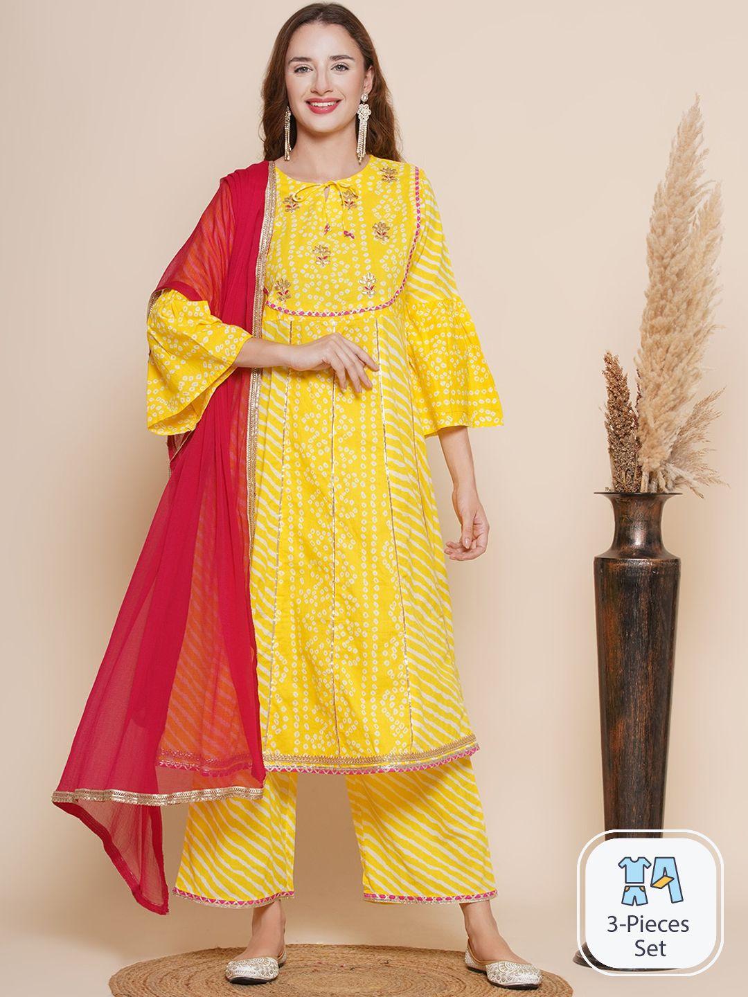 Bhama Couture Bandhani Printed Pure Cotton Kurta & Palazzos With Dupatta