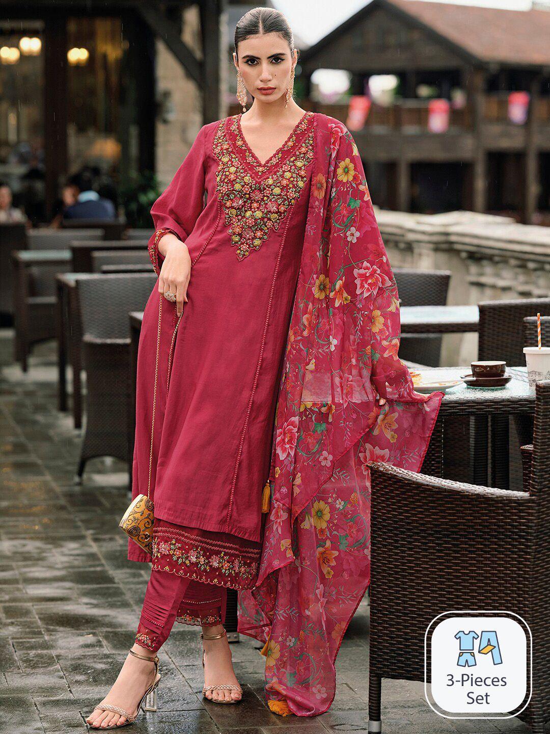 indo-era-floral-embroidered-panelled-thread-work-a-line-kurta-with-trousers-&-dupatta
