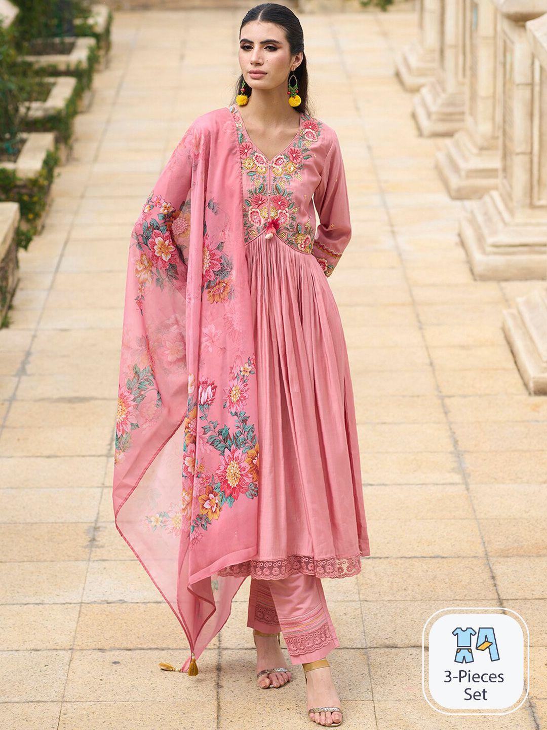 Indo Era Floral Embroidered Empire Thread Work Kurta With Trousers & Dupatta