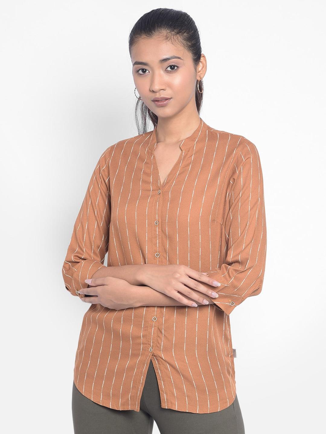 Crimsoune Club Vertical Striped Mandarin Collar Classic Cotton Casual Shirt