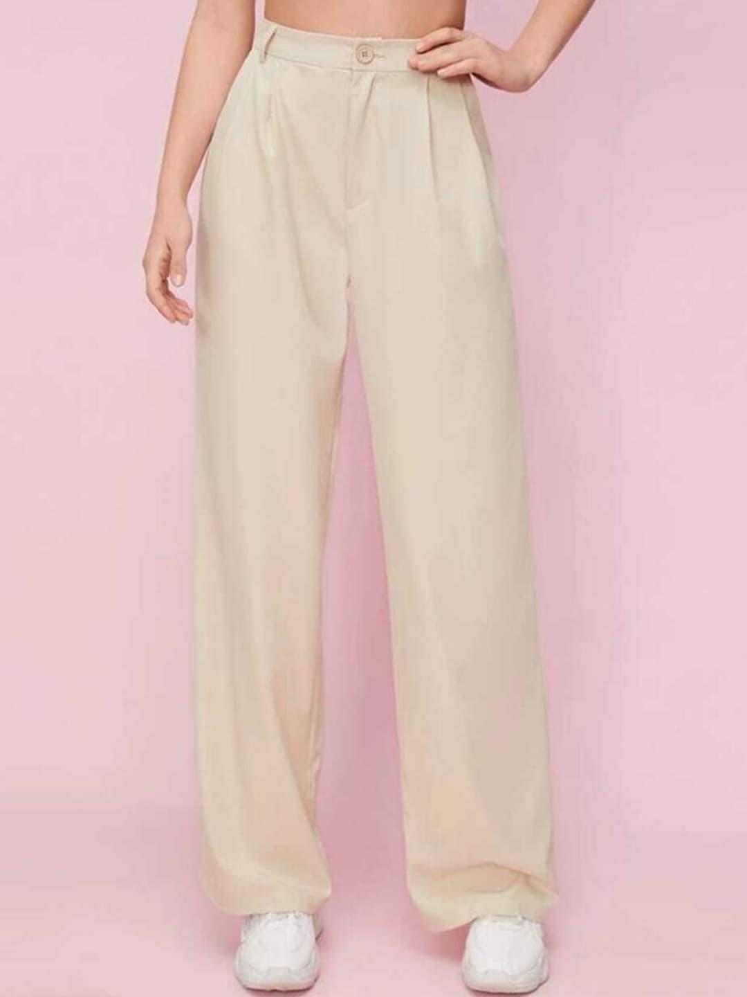 Next One Women Smart High-Rise Easy Wash Cotton Loose Fit Parallel Trousers