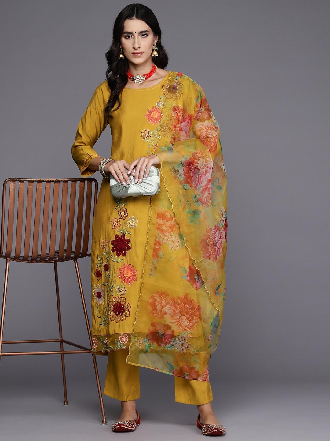 Indo Era Women Floral Embroidered Regular Beaded Kurta with Trousers & With Dupatta