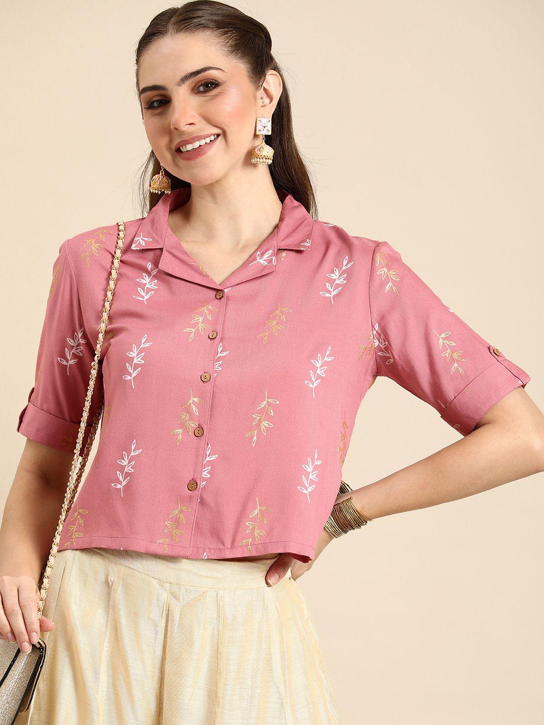 Anouk Floral Print Roll-Up Sleeves Shirt Style Crop Top