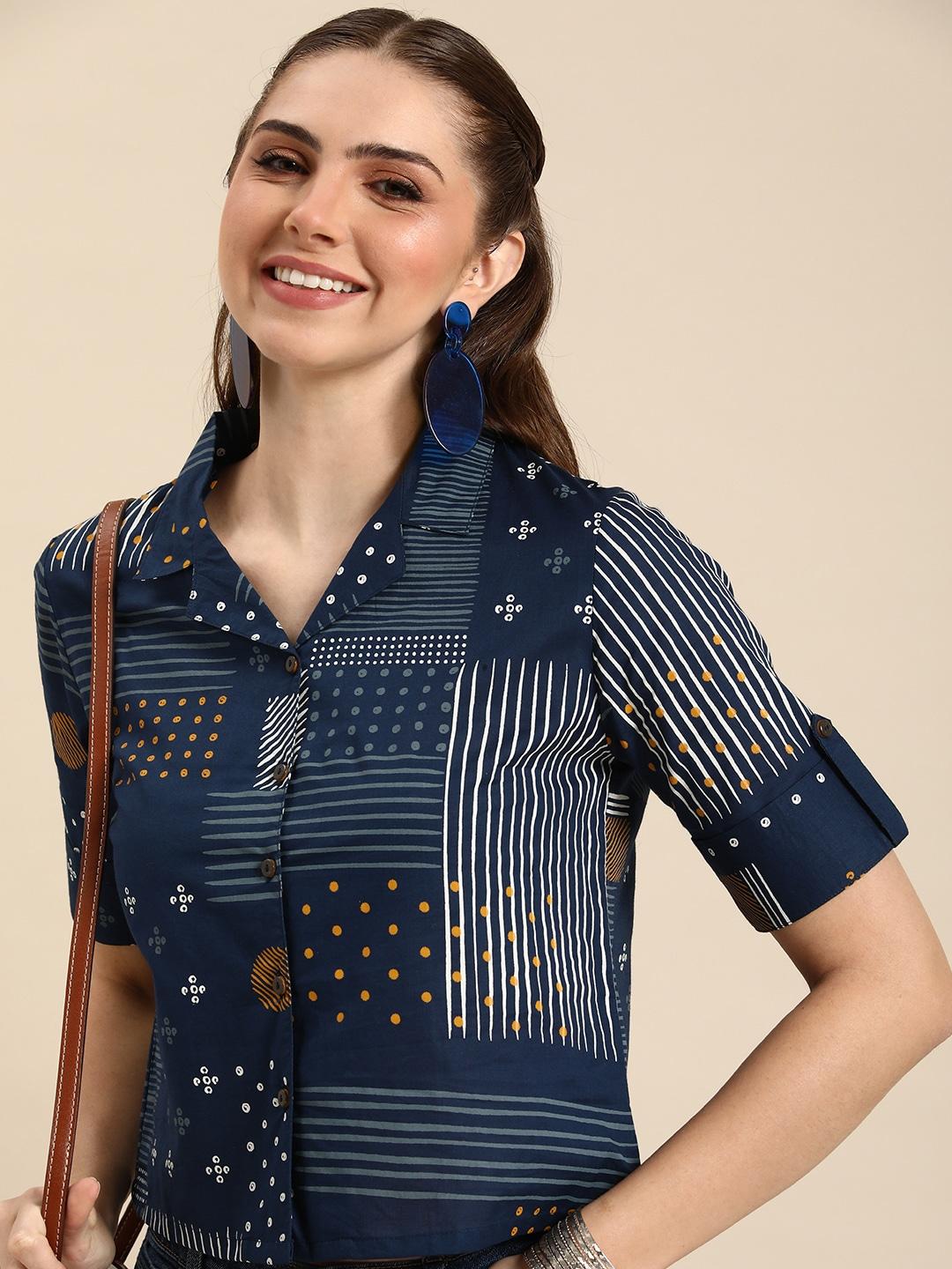 Anouk Geometric Print Roll-Up Sleeves Cotton Shirt Style Crop Top