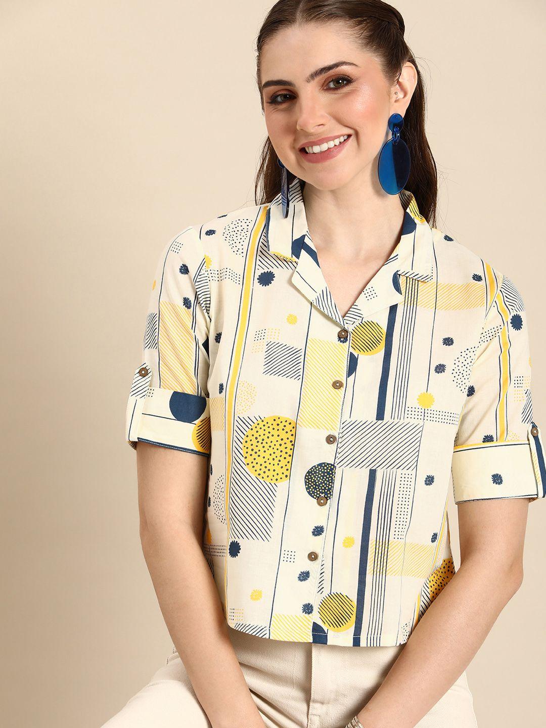 Anouk Geometric Print Roll-Up Sleeves Cotton Shirt Style Crop Top