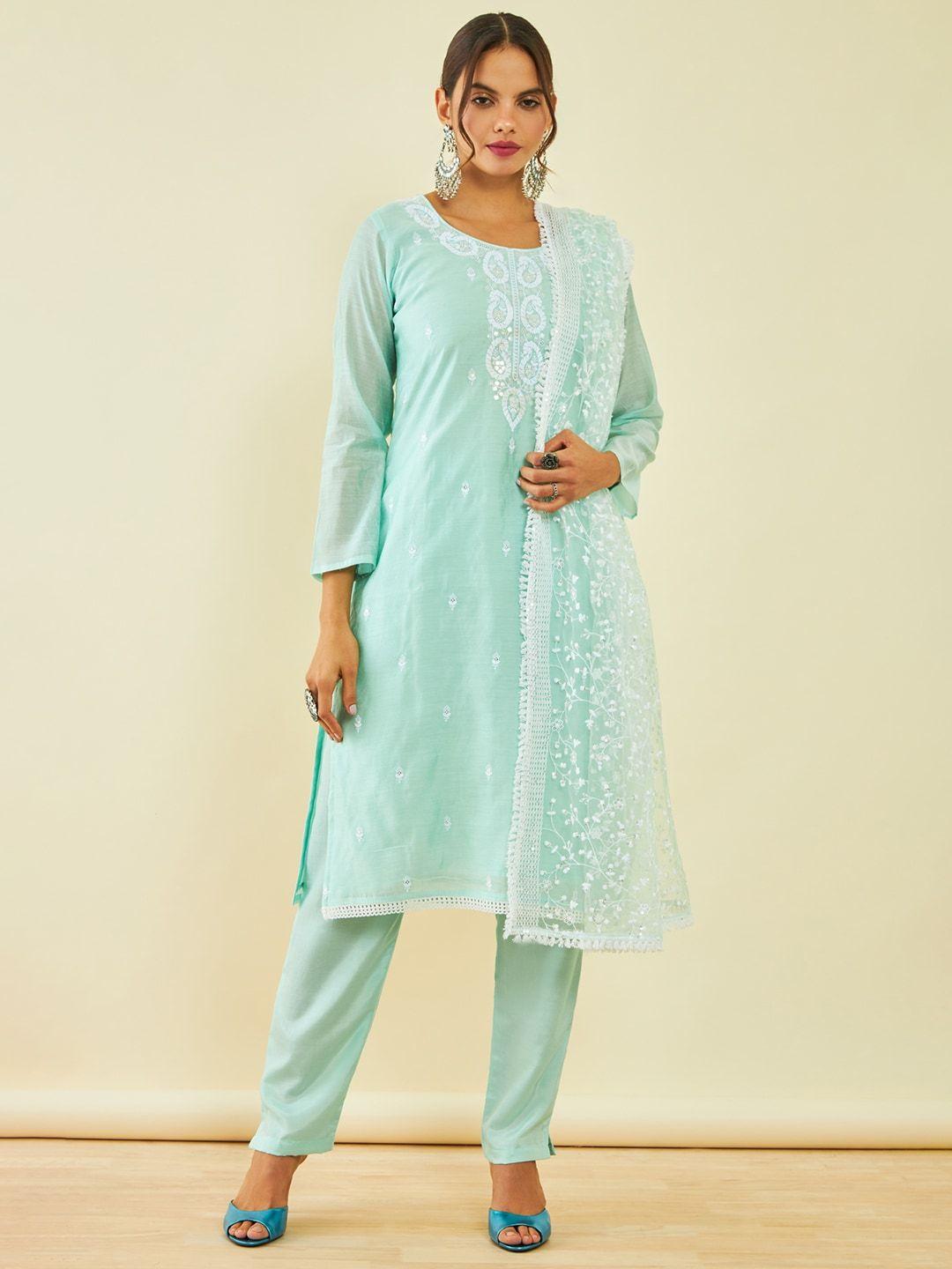 Soch Green & White Embroidered Unstitched Dress Material