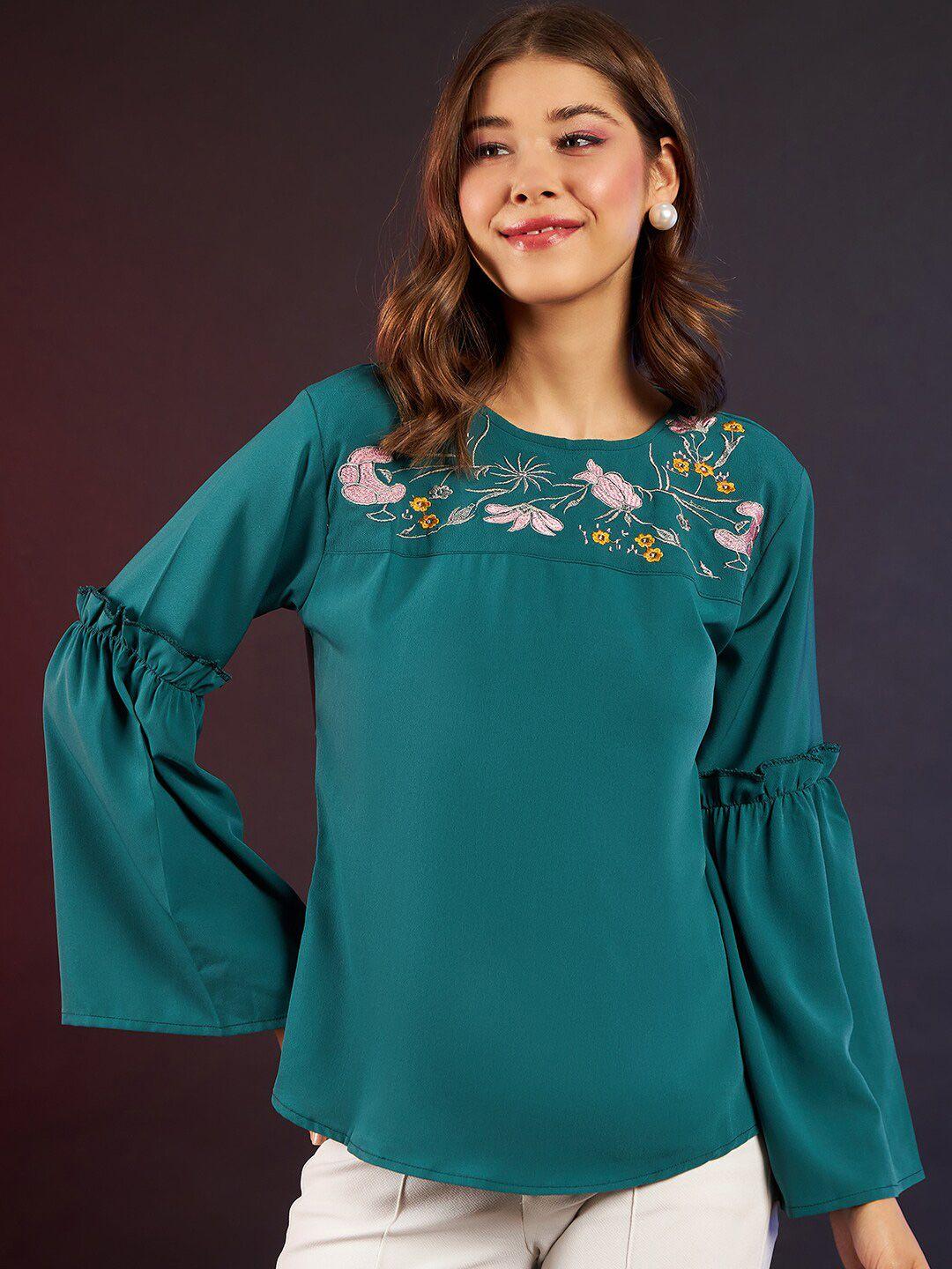 dressberry-green-&-pink-floral-embroidered-bell-sleeves-top