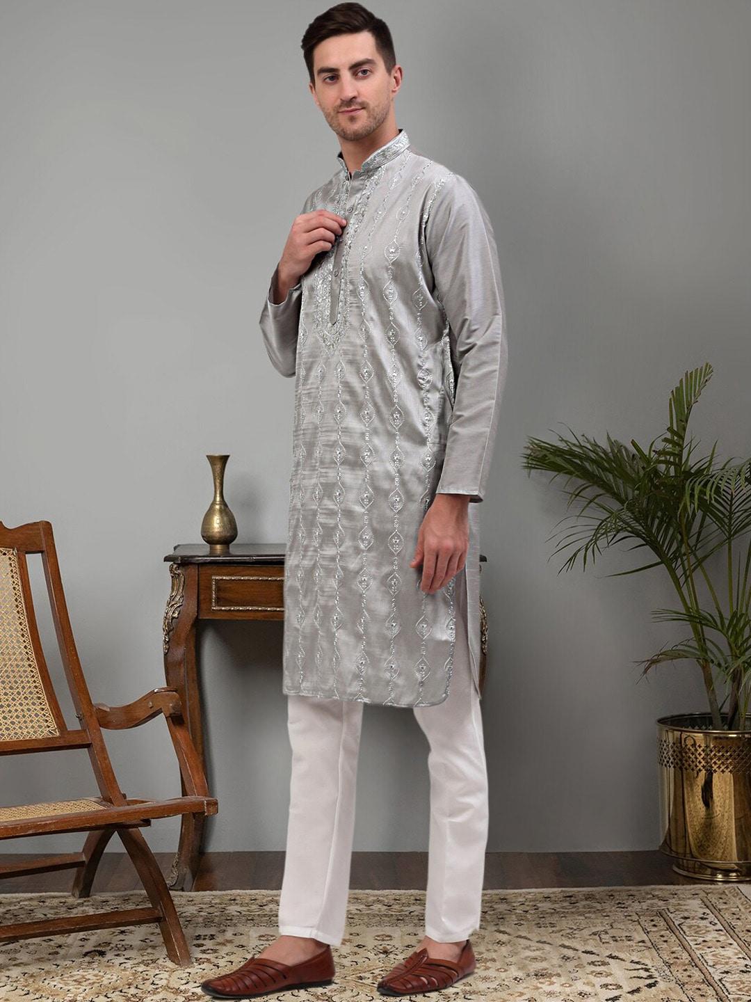 jompers-floral-embroidered-mandarin-collar-sequined-kurta-with-pyjamas