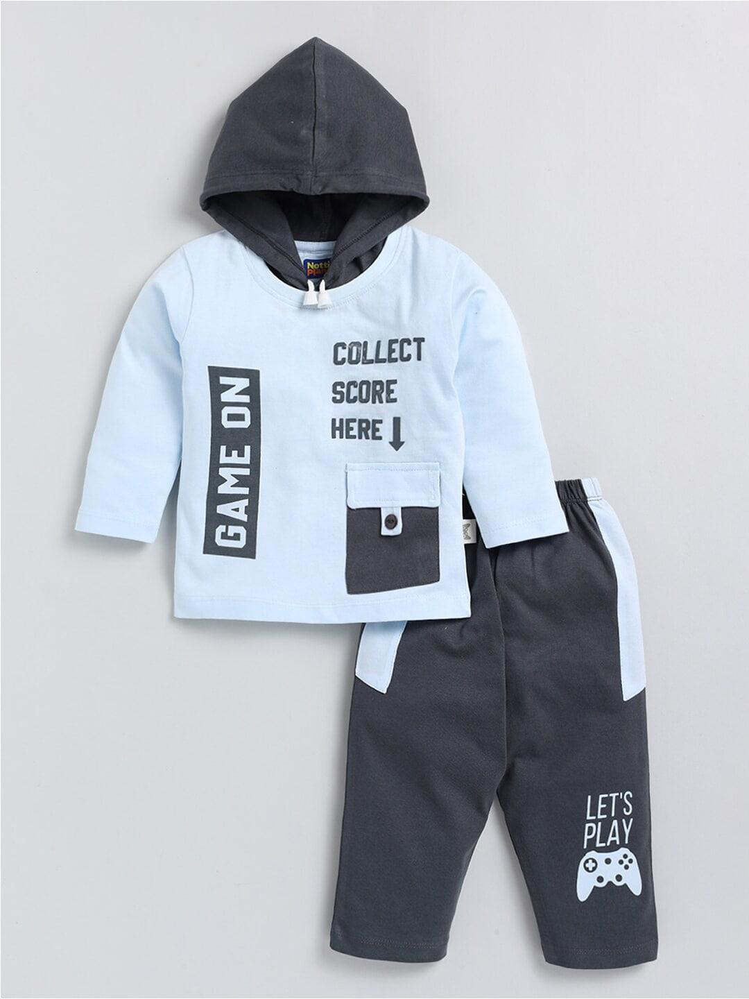 Nottie Planet Boys Typography Printed Hooded Neck Pure Cotton Clothing Set