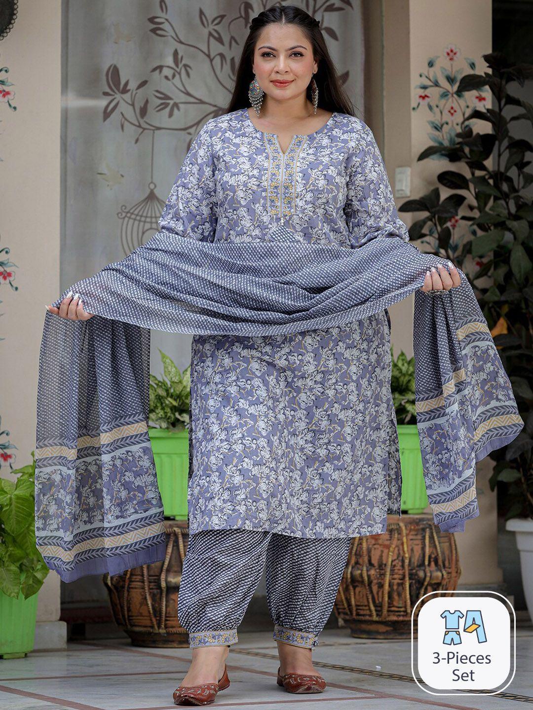 Yufta Plus Size Floral Printed Pure Cotton Straight Kurta & Harem Pants With Dupatta
