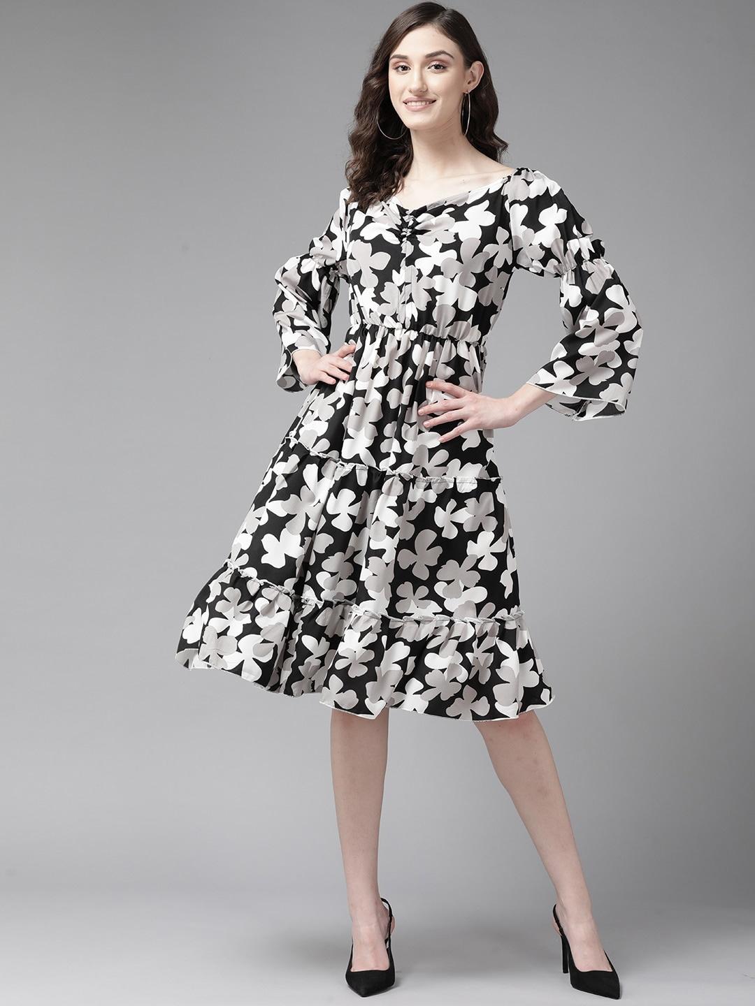 Aarika Floral Printed Square Neck Puff Sleeves Gathered Detailed Fit & Flare Midi Dress