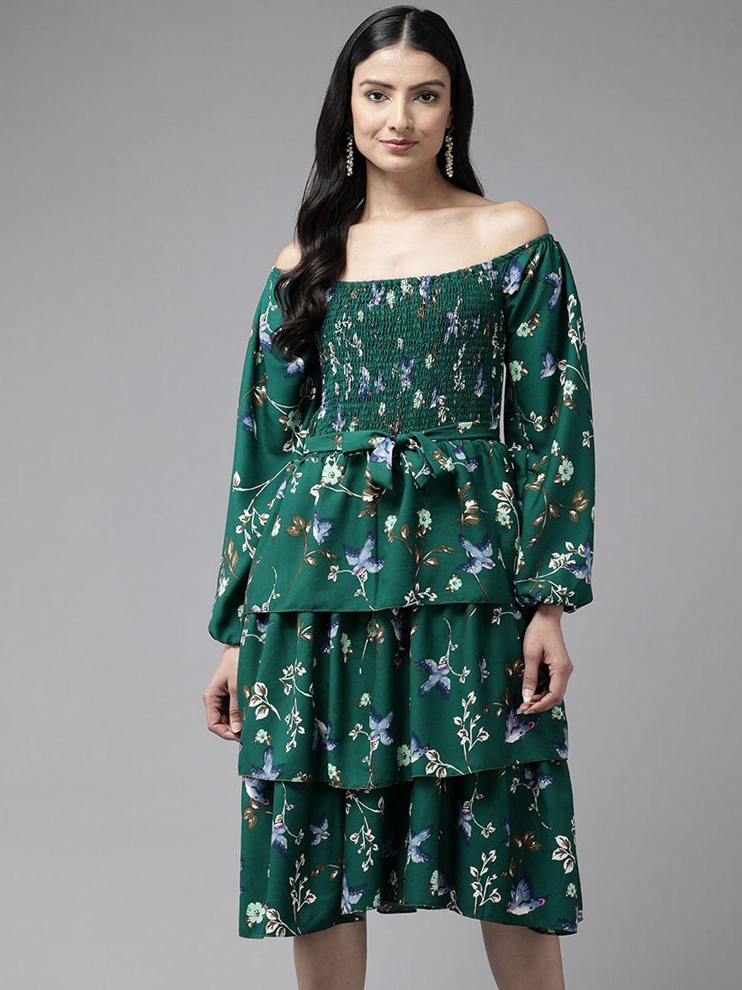 Aarika Floral Printed Off-Shoulder Georgette A-Line Dress With Belt