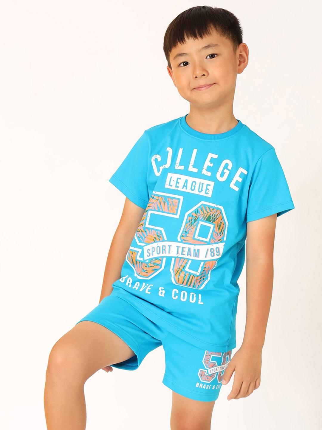 BONKIDS Boys Turquoise Blue & White Printed T-shirt with Shorts