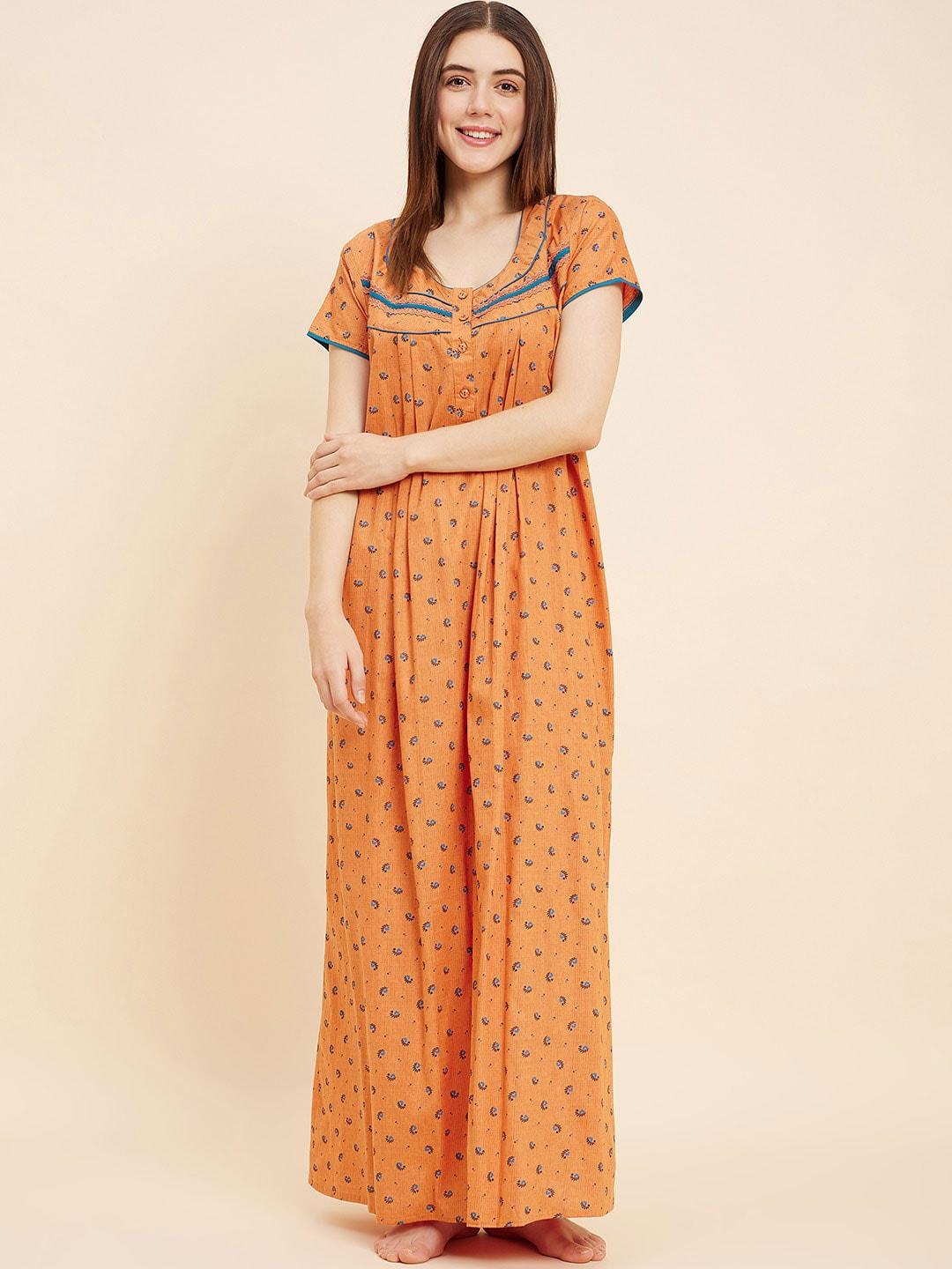 Sweet Dreams Orange Ethnic Motifs Printed Pure Cotton Maxi Nightdress