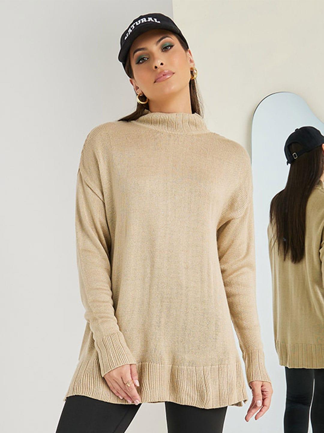 Styli Beige Oversized Turtle Neck Longline Acrylic Pullover Sweater