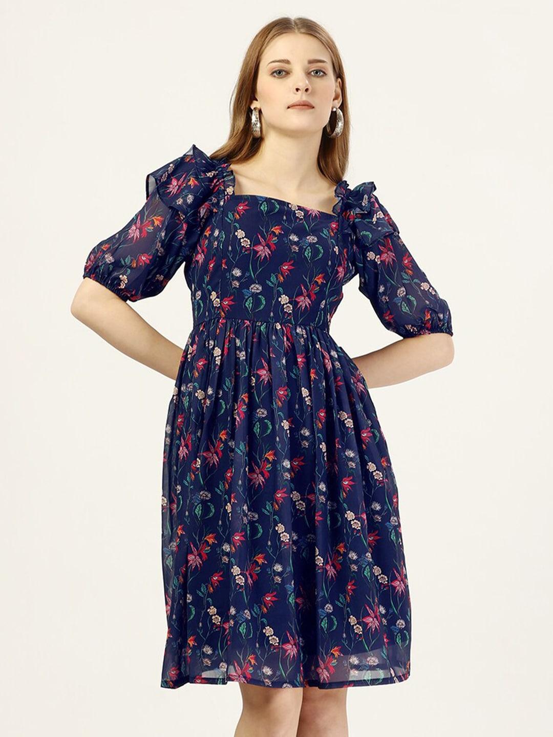 SEW YOU SOON Floral Printed Puff Sleeves Square Neck Ruffled Georgette Fit & Flare Dress