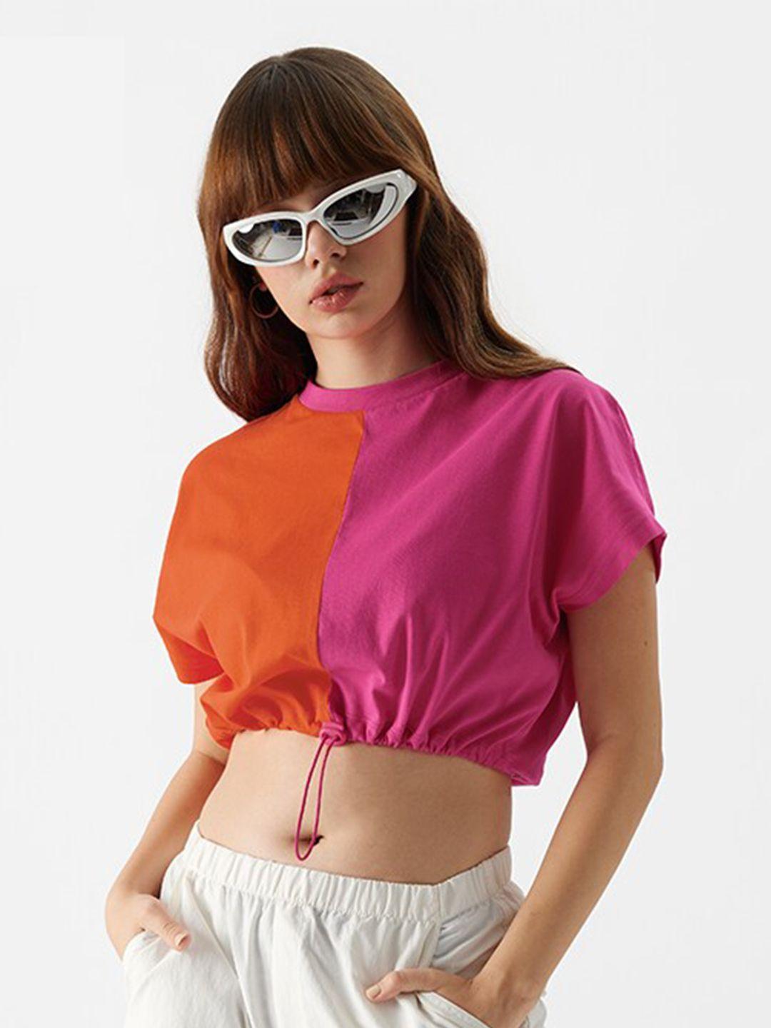 The Souled Store Colourblocked Kimono Sleeves Pure Cotton Crop Top