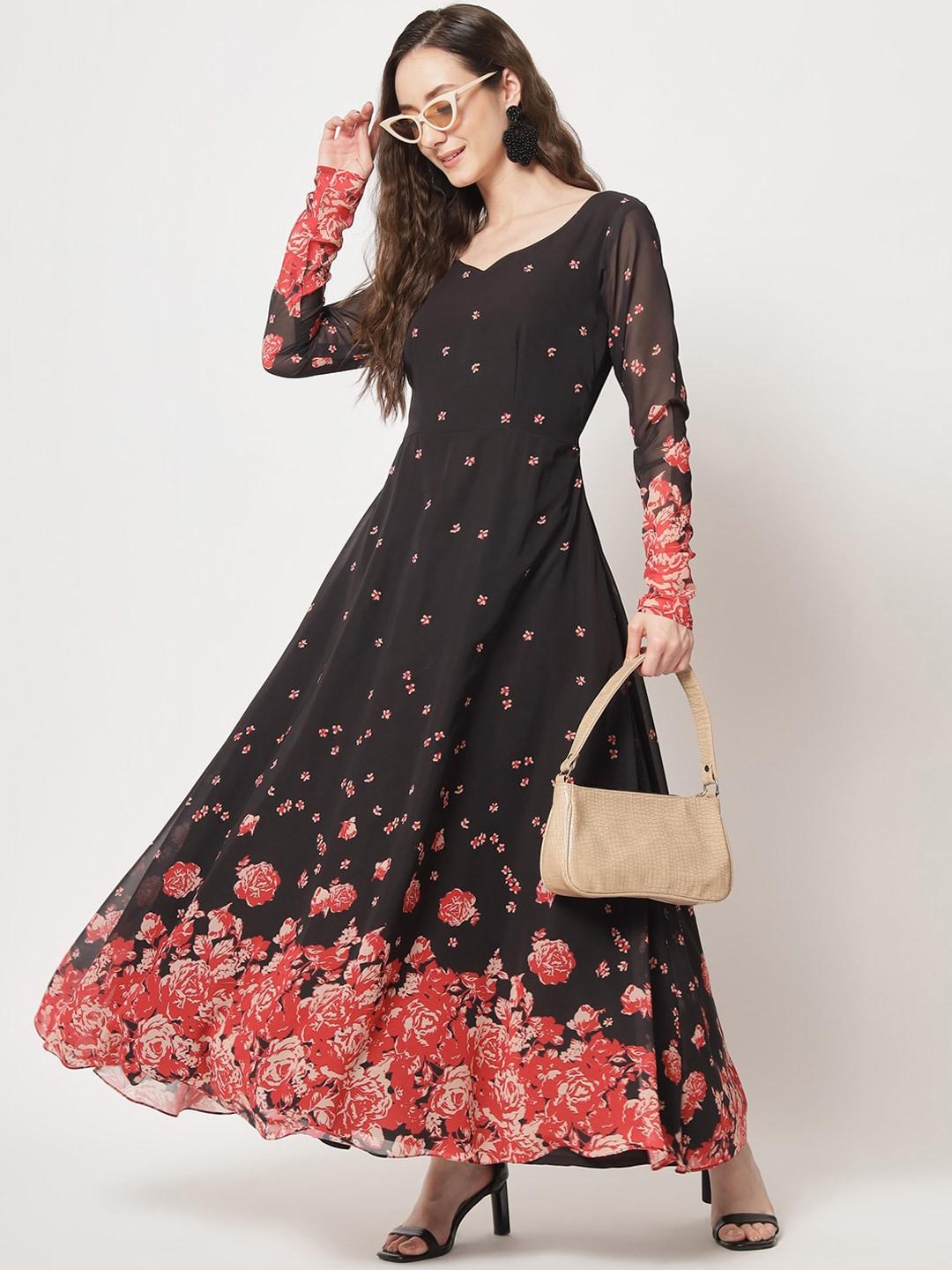 BLACK SCISSOR Floral Printed Georgette Maxi Ethnic Dress