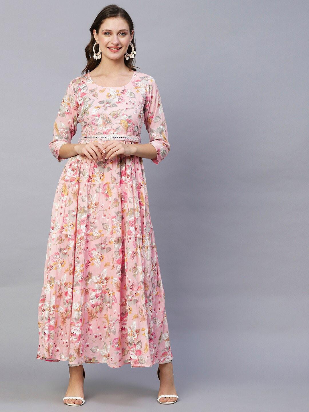 FASHOR Pink Floral Printed Gathered Or Pleated Cotton Maxi Dress