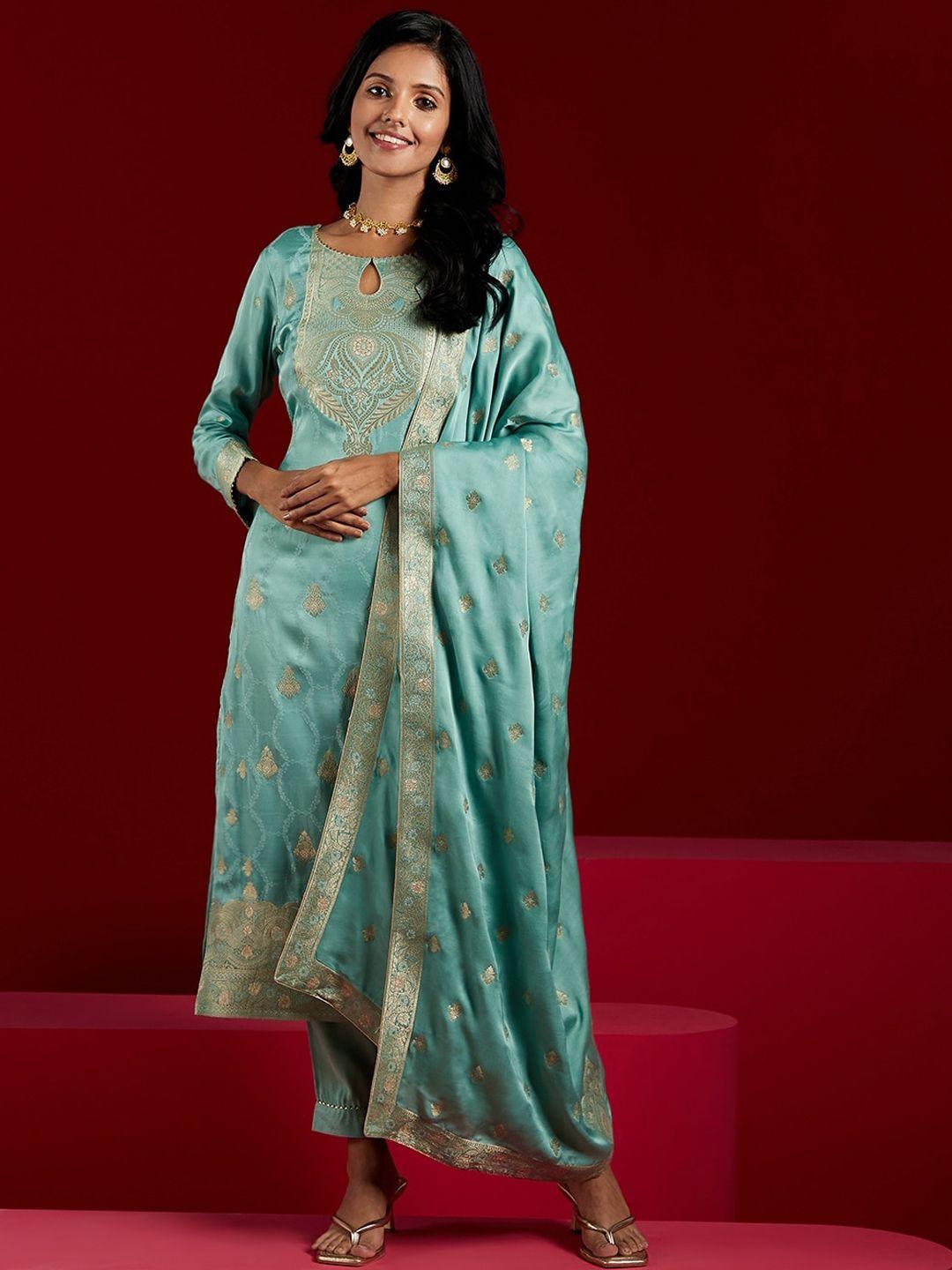 Libas Art Ethnic Motifs Woven Design Zari Pure Silk Kurta With Trousers &  Dupatta
