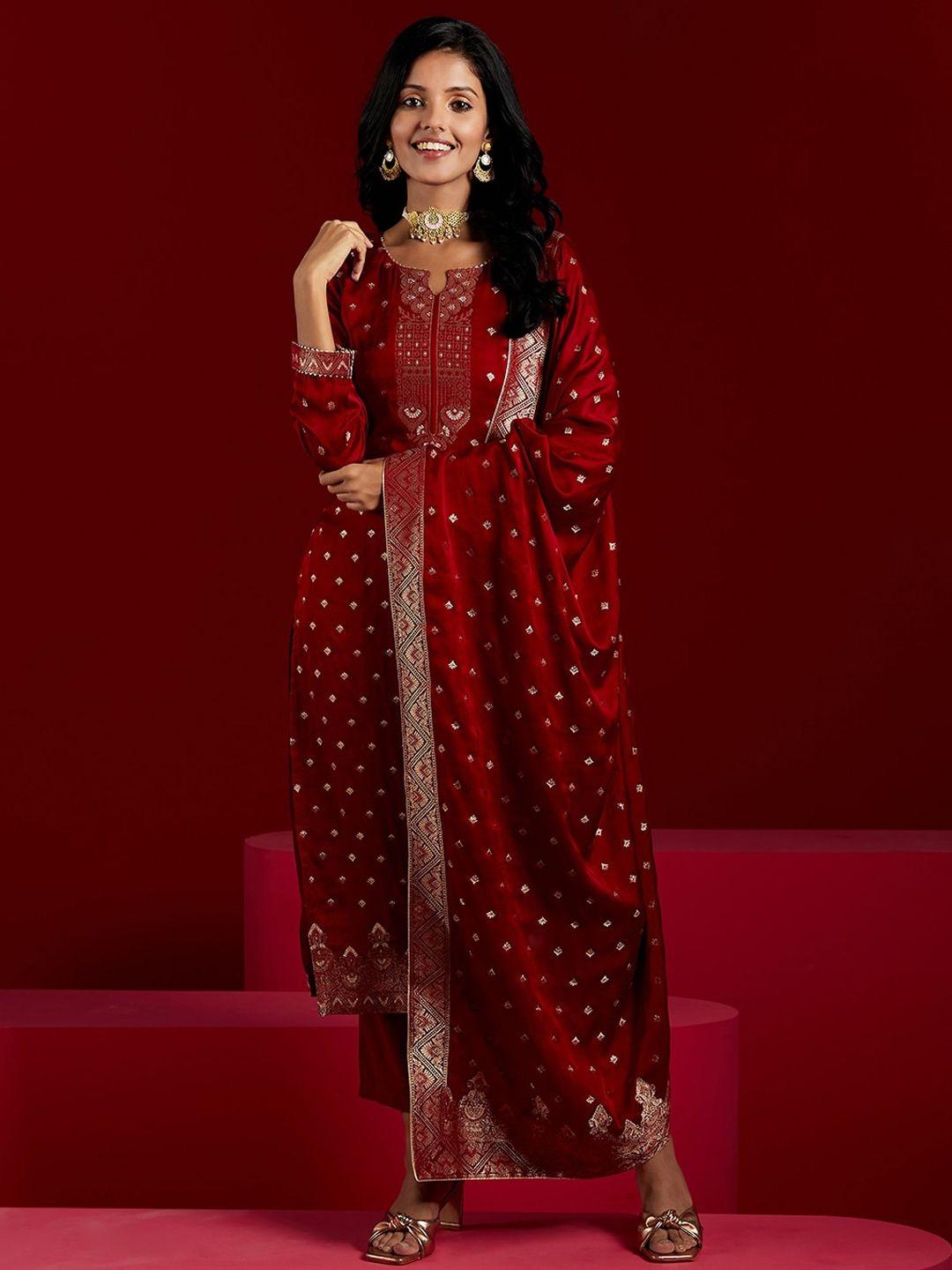 Libas Art Ethnic Motifs Woven Design Zari Pure Silk Kurta With Trousers & Dupatta