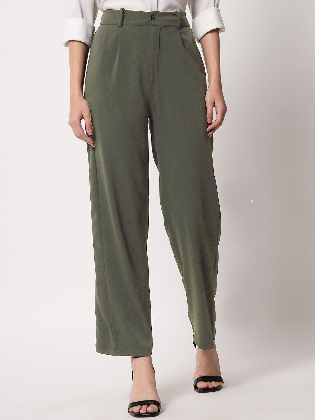 kotty-women-green-relaxed-straight-leg-straight-fit-high-rise-trousers