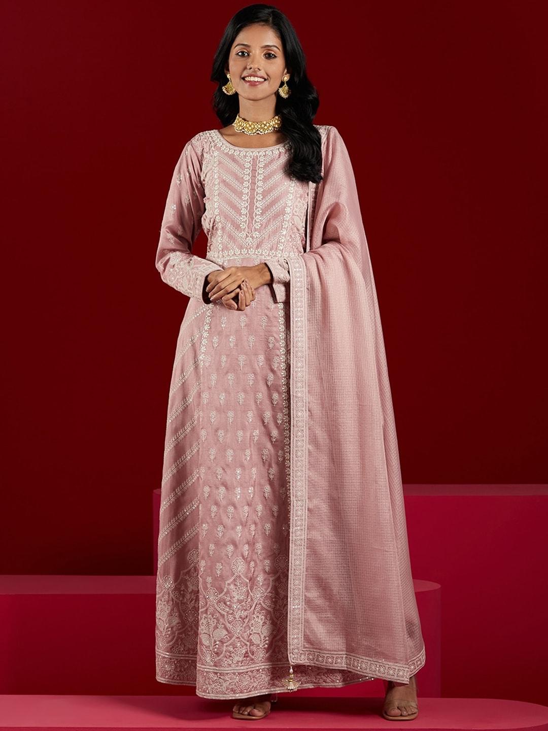 Libas Art Embroidered Panelled Sequined A-Line Pure Silk Kurta with Trousers & Dupatta