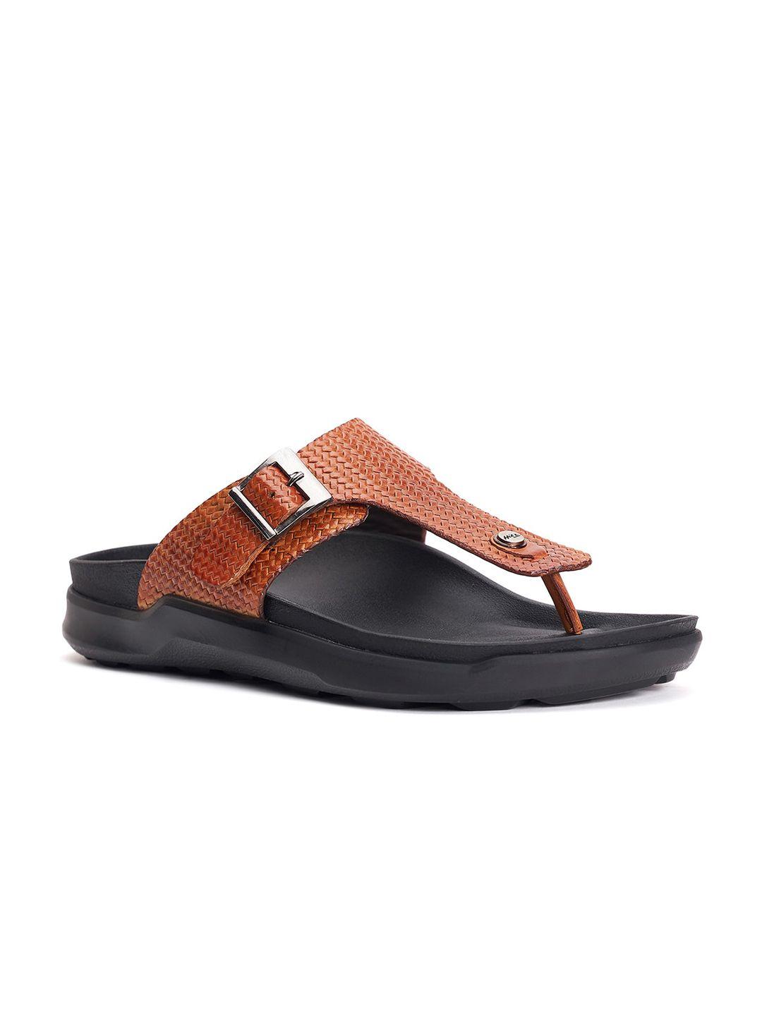 Hitz Men Textured Leather Comfort Sandals With Buckle Detail