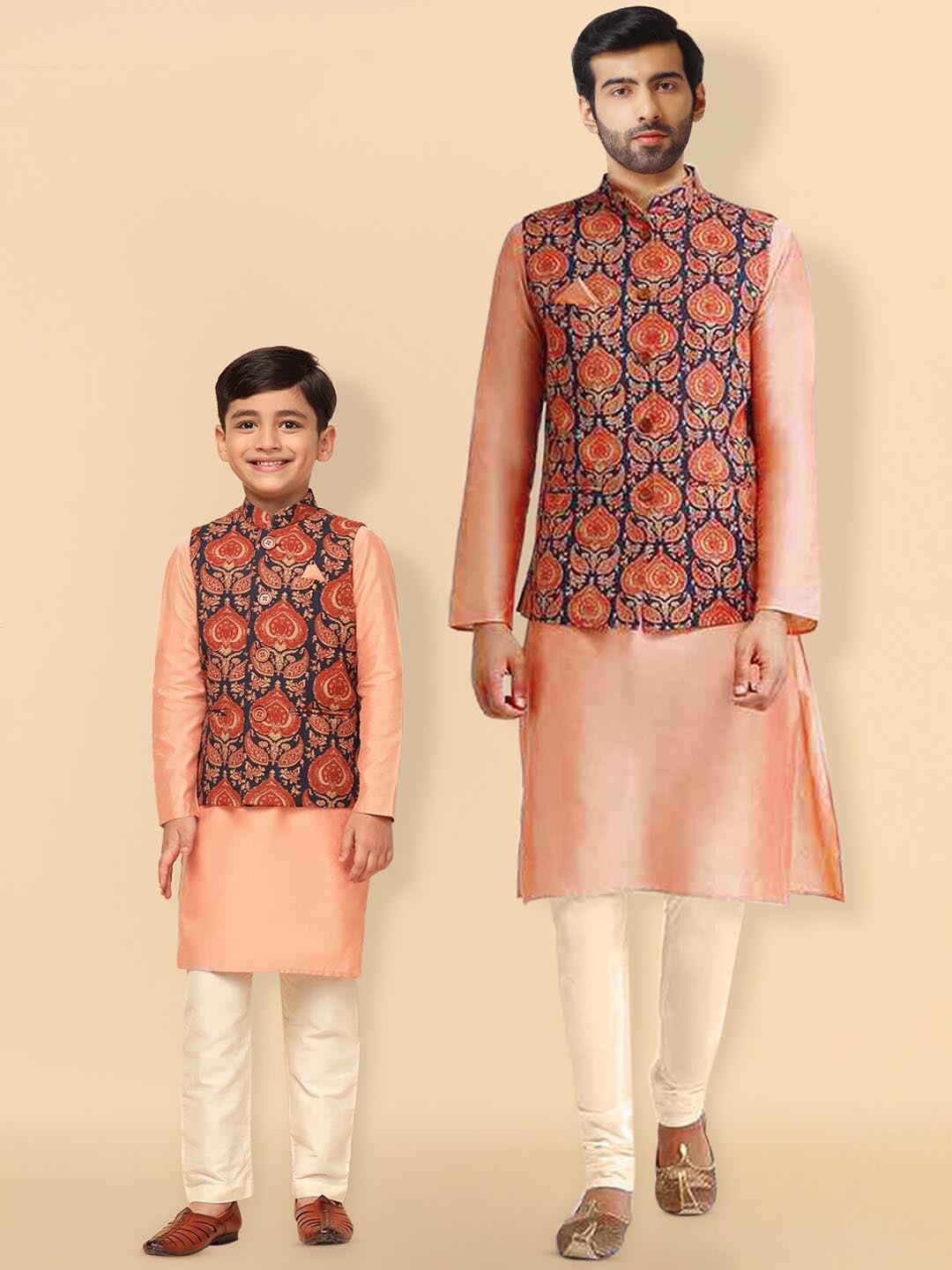 KISAH Mandarin Collar Straight Kurta & Churidar With Printed Nehru Jacket