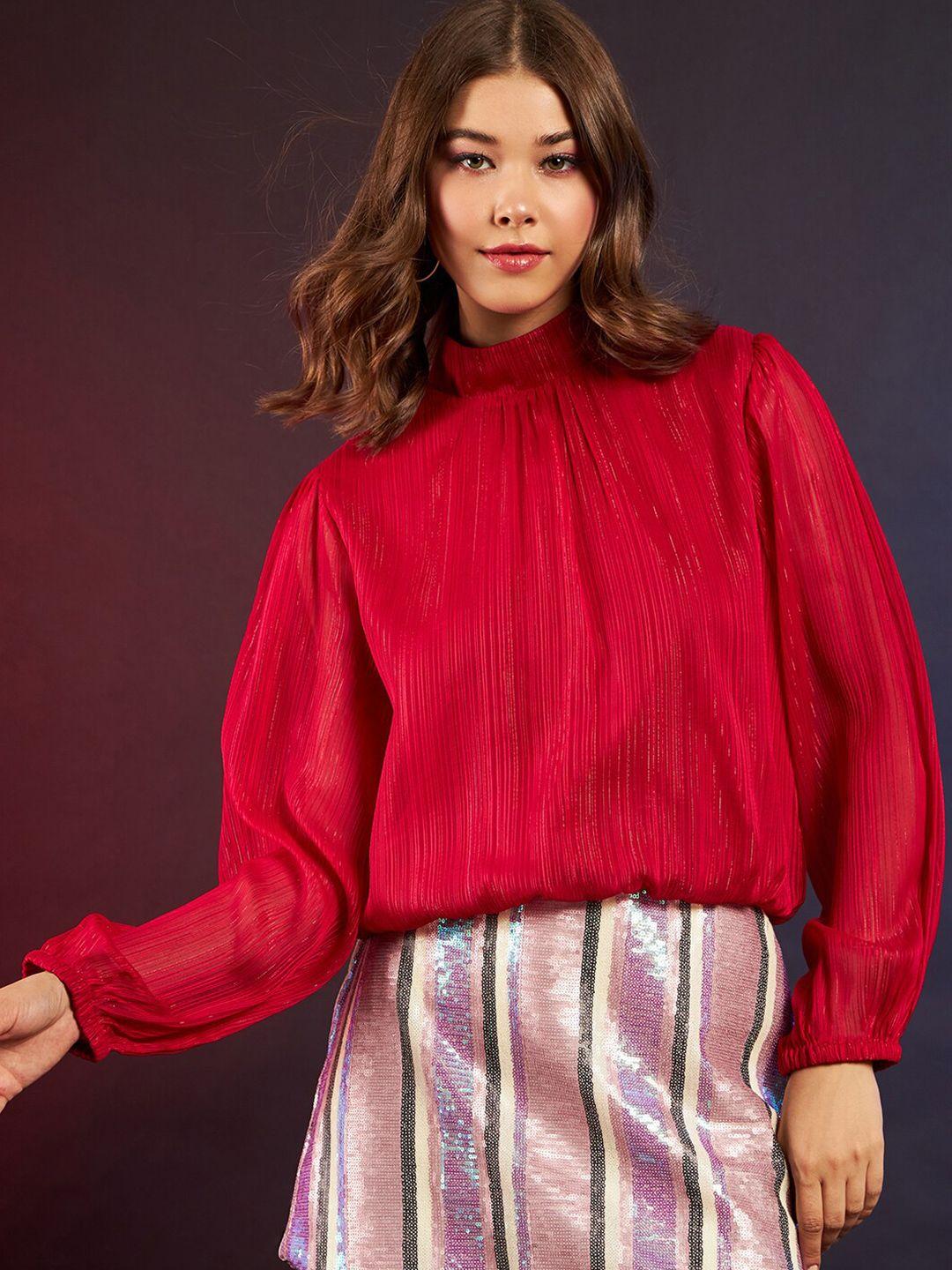 dressberry-red-striped-mock-neck-puff-sleeves-blouson-top