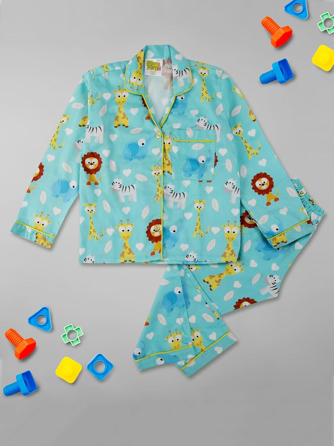Pyjama Party Unisex Kids Blue & Yellow Printed Night suit